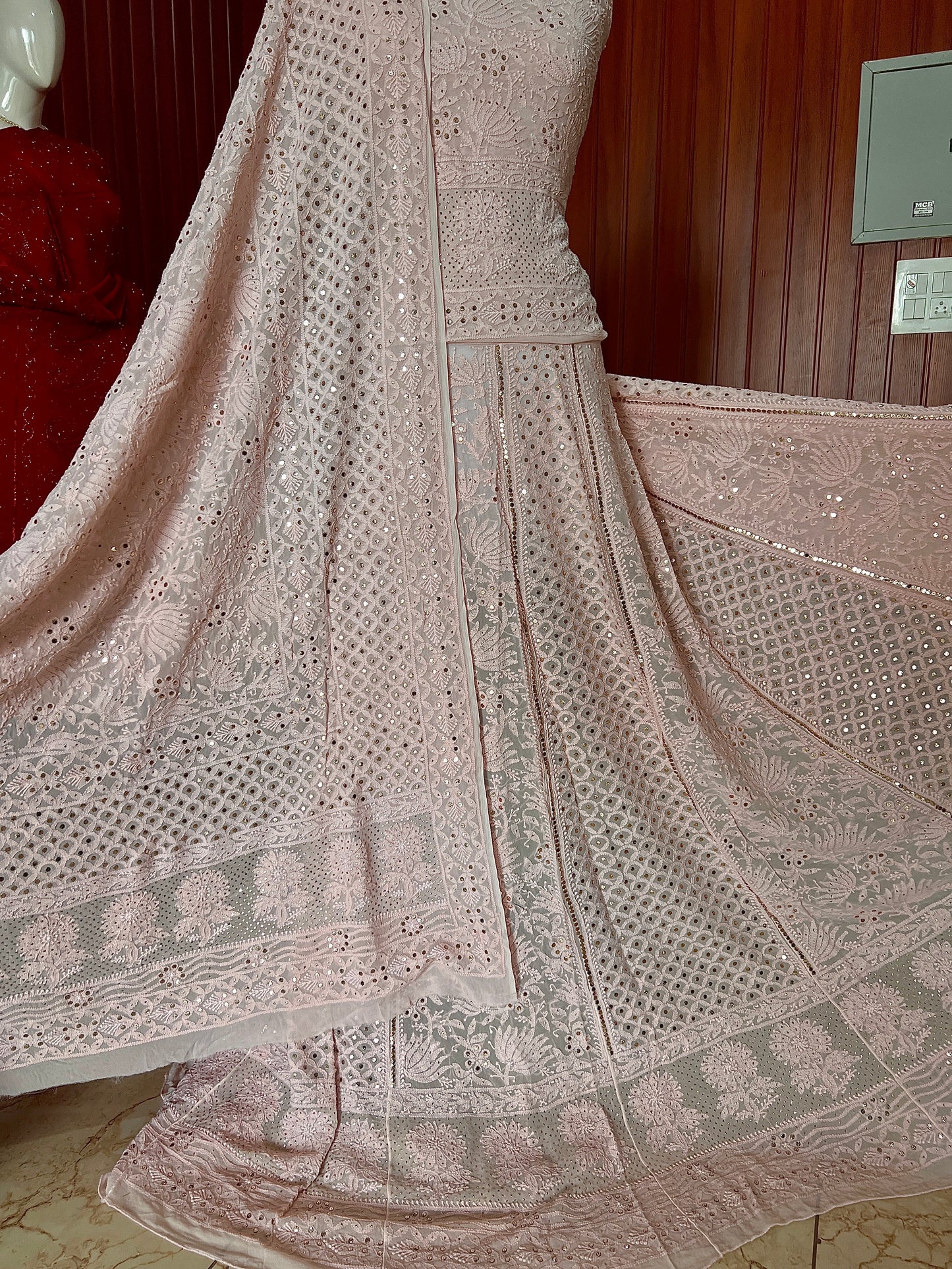 Dusty pink allover Chikankari and mukaish lehenga set