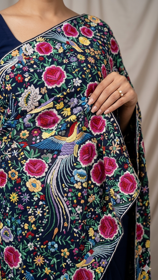 Blue Masterpiece heavy jaal Parsi Gara Hand Embroidered Saree