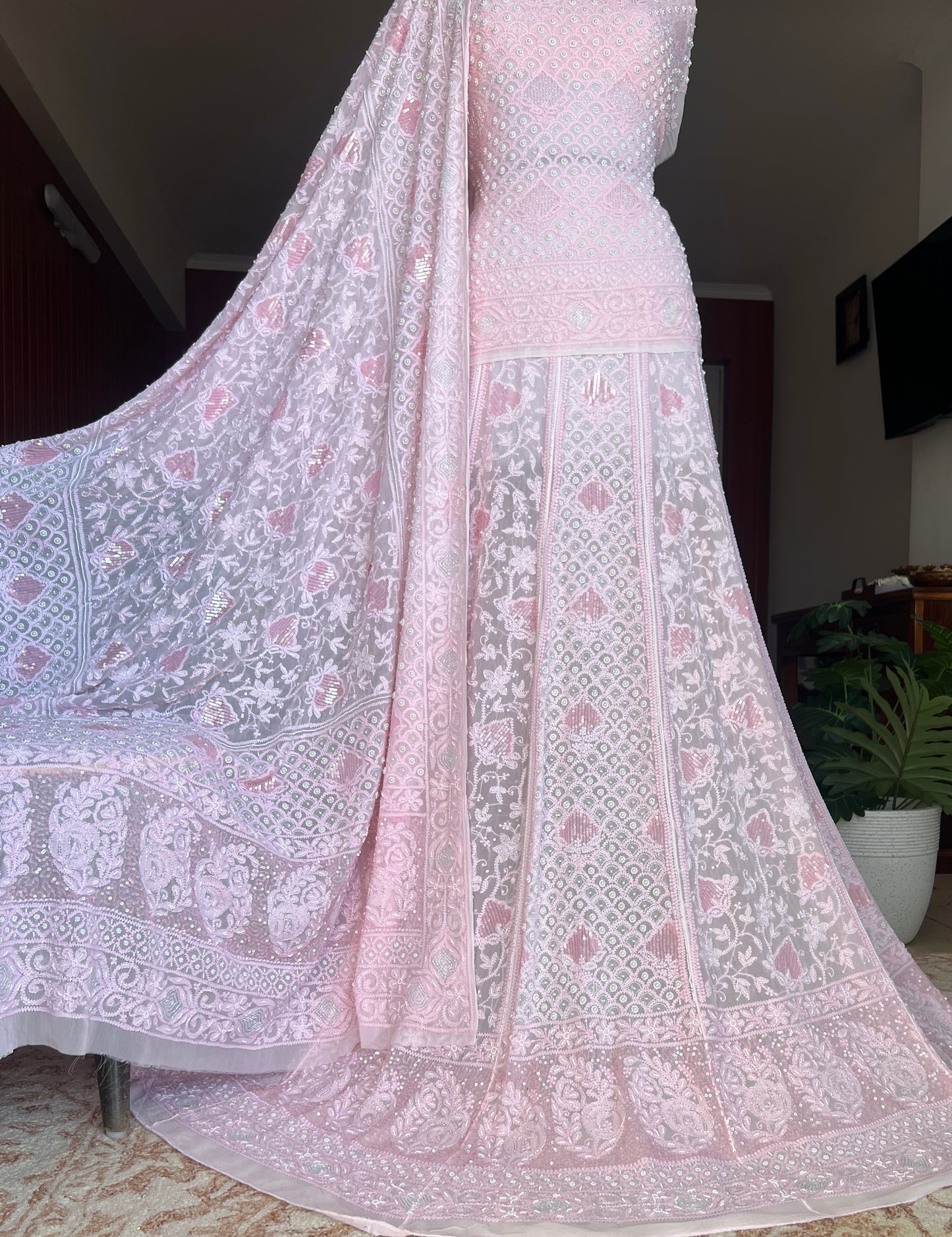 Ruhani Peachish Pink Chikankari Cut Dana Sequins Wedding Lehenga