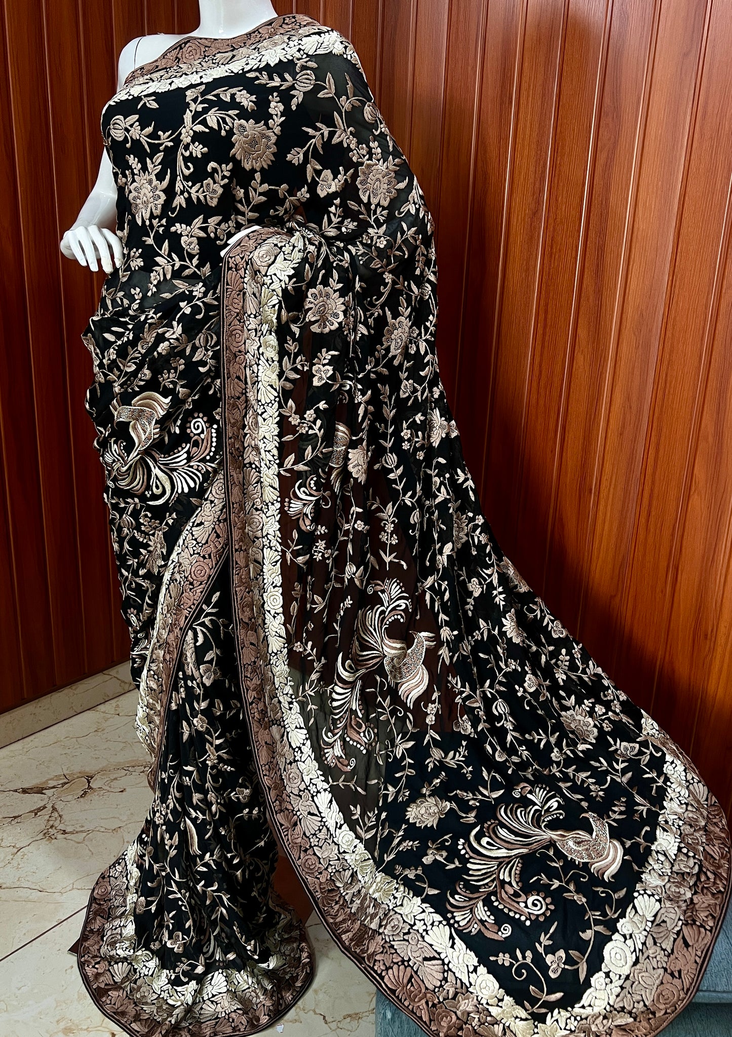 Black Masterpiece Parsi Gara Pure Georgette Saree