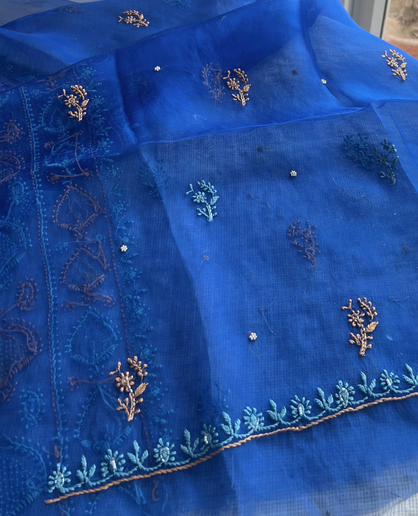Royal Blue Chikankari pearl sequins pure Organza kurta with dupatta