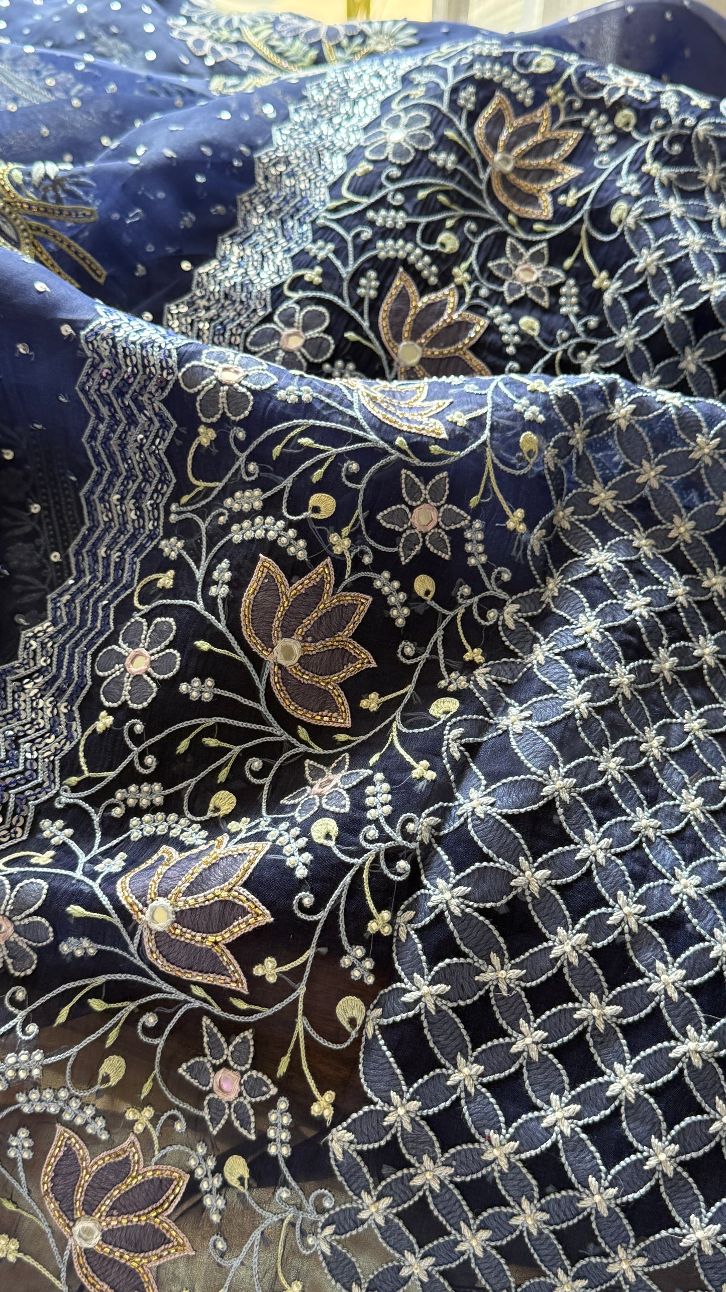 Ruhani Navy Blue fine Chikankari pure Organza kurta with dupatta