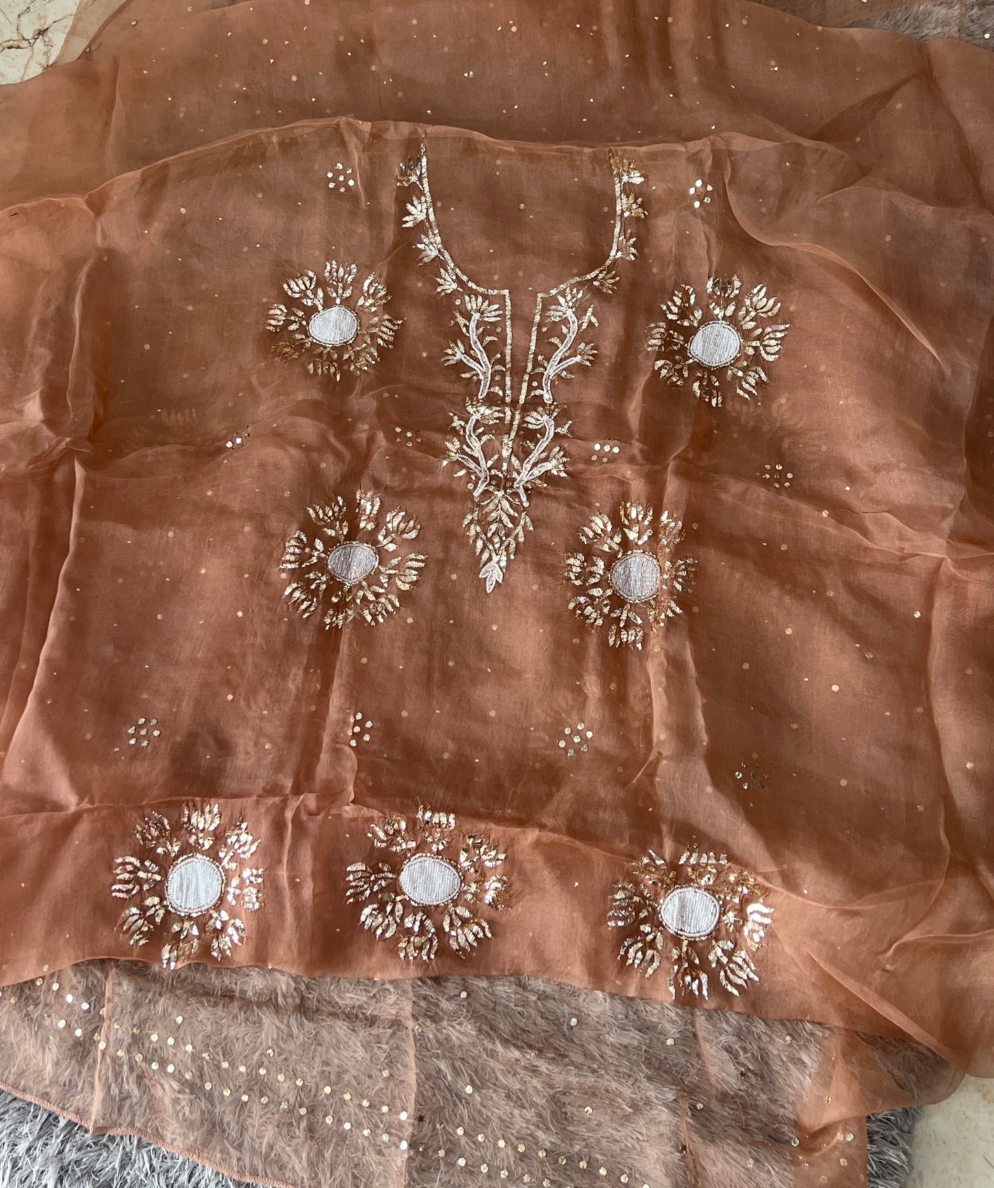 Cinnamon brown Badla Mukaish and pearl work pure Organza kurta with dupatta