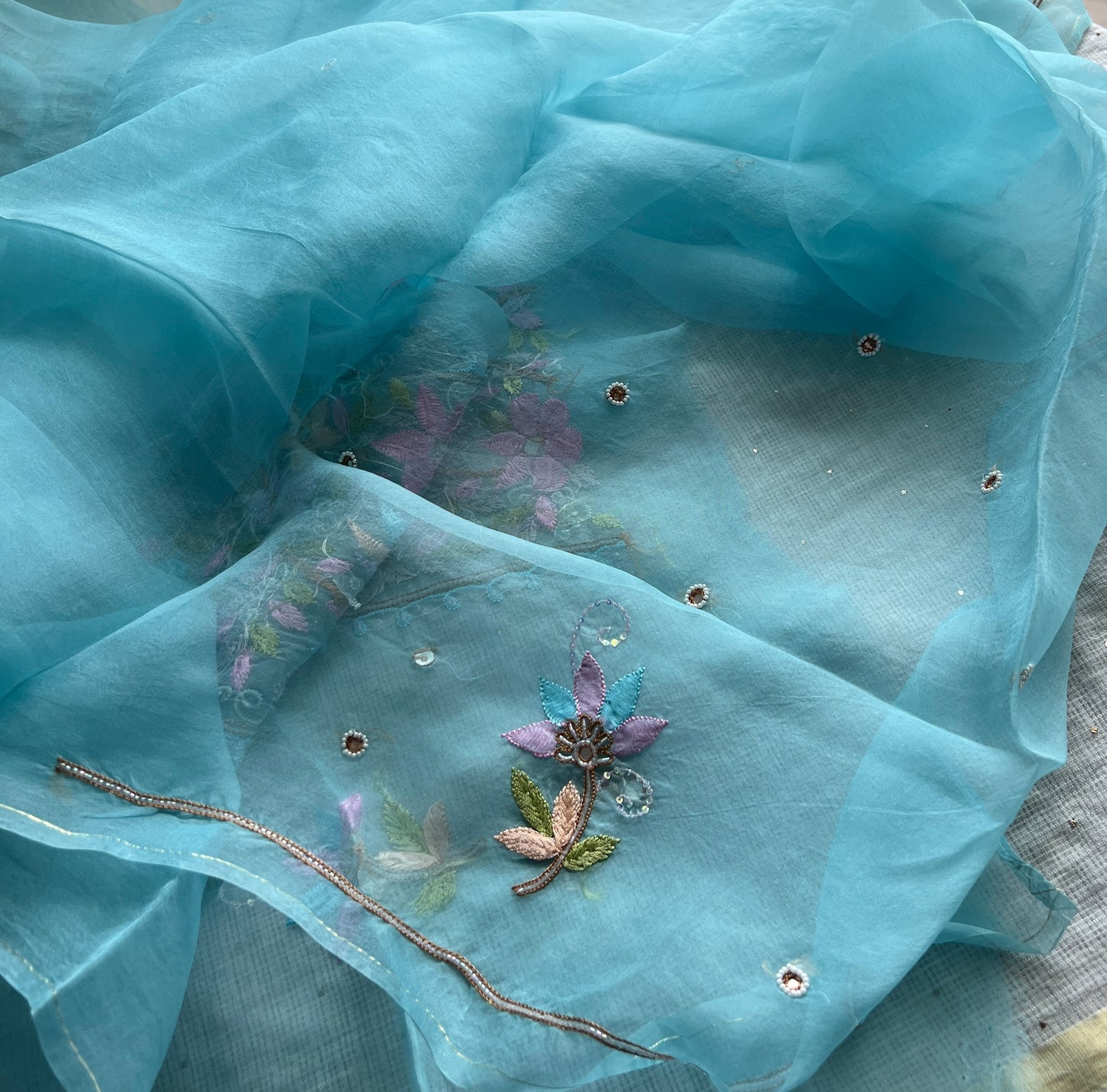 Firozi Resham Chikankari pure Organza kurta with dupatta