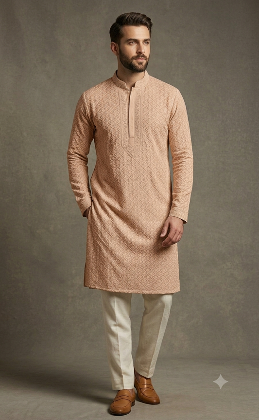 Powder Brown Allover Chikankari Men's Kurta Fabric