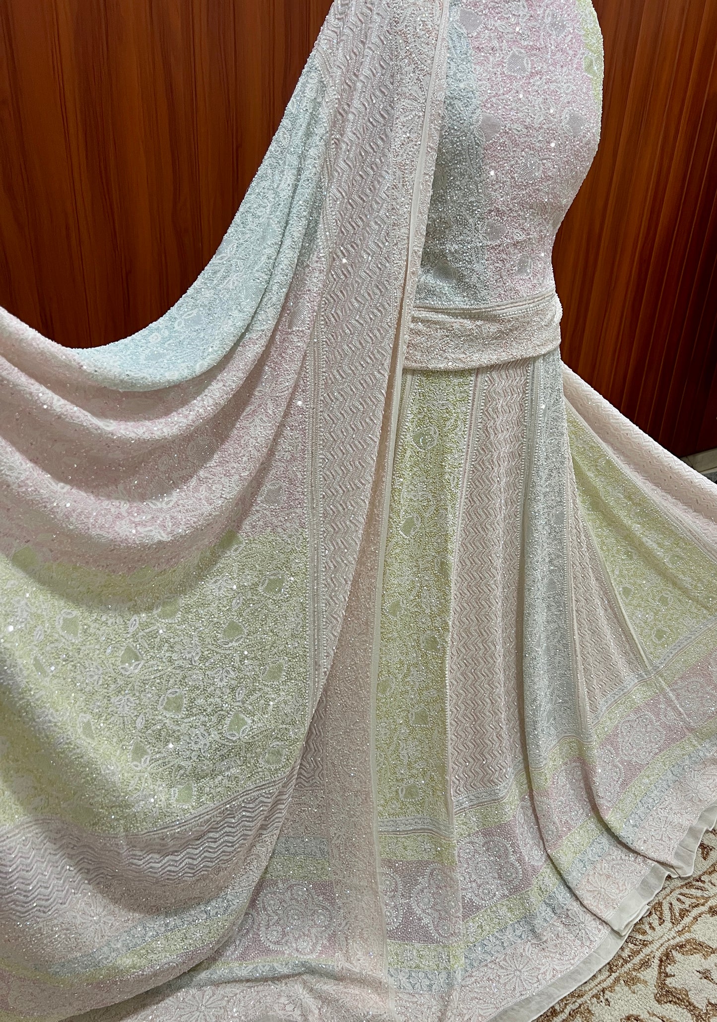 Suhaan Masterpiece Chikankari Lehenga with Multi Hued Cut Dana and sequins Work