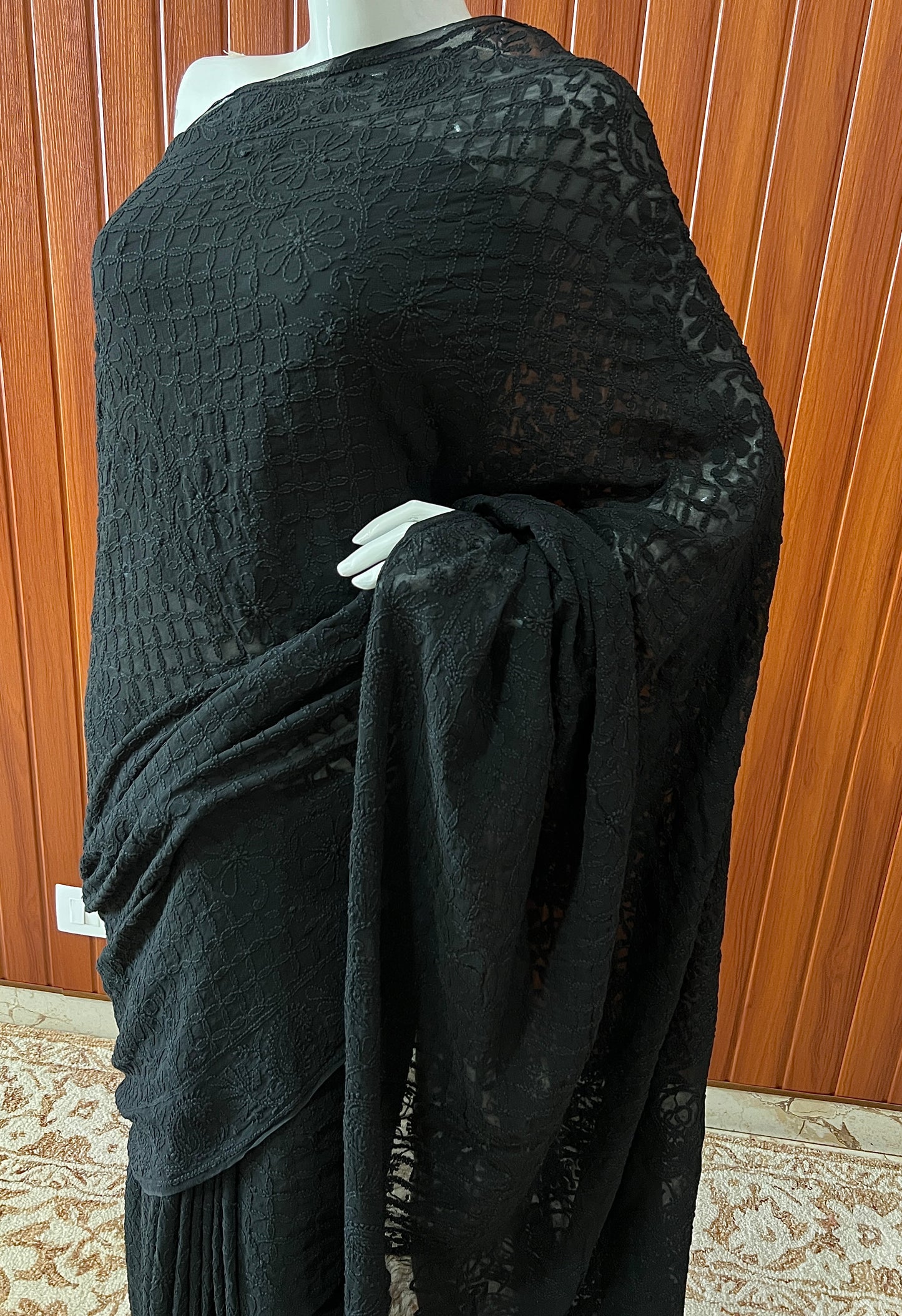 Ruhani Black fine Chikankari Hand Embroidered Saree