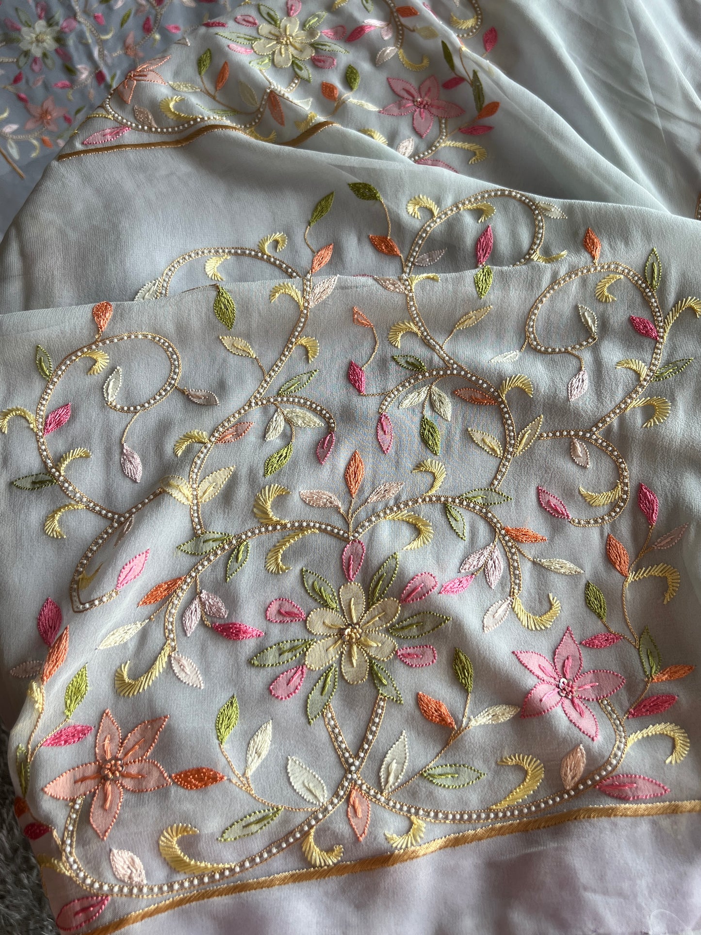 Ice Mint Resham Chikankari Parsi Gara and pearl work suit