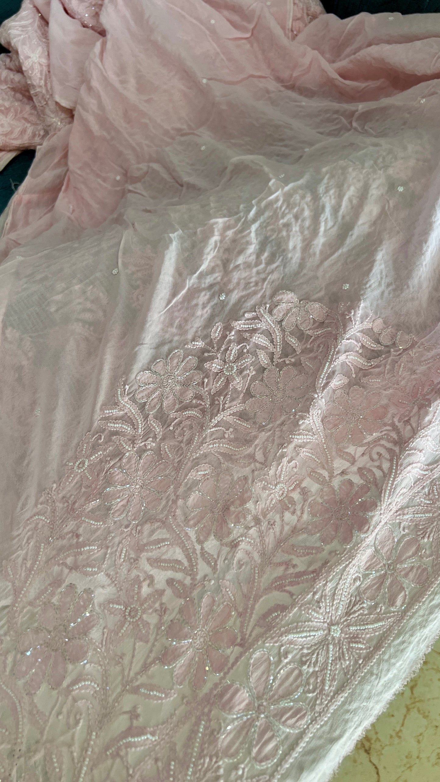 Ruhani Light Pink Chikankari and Multicolored Cut Dana Sequins Saree