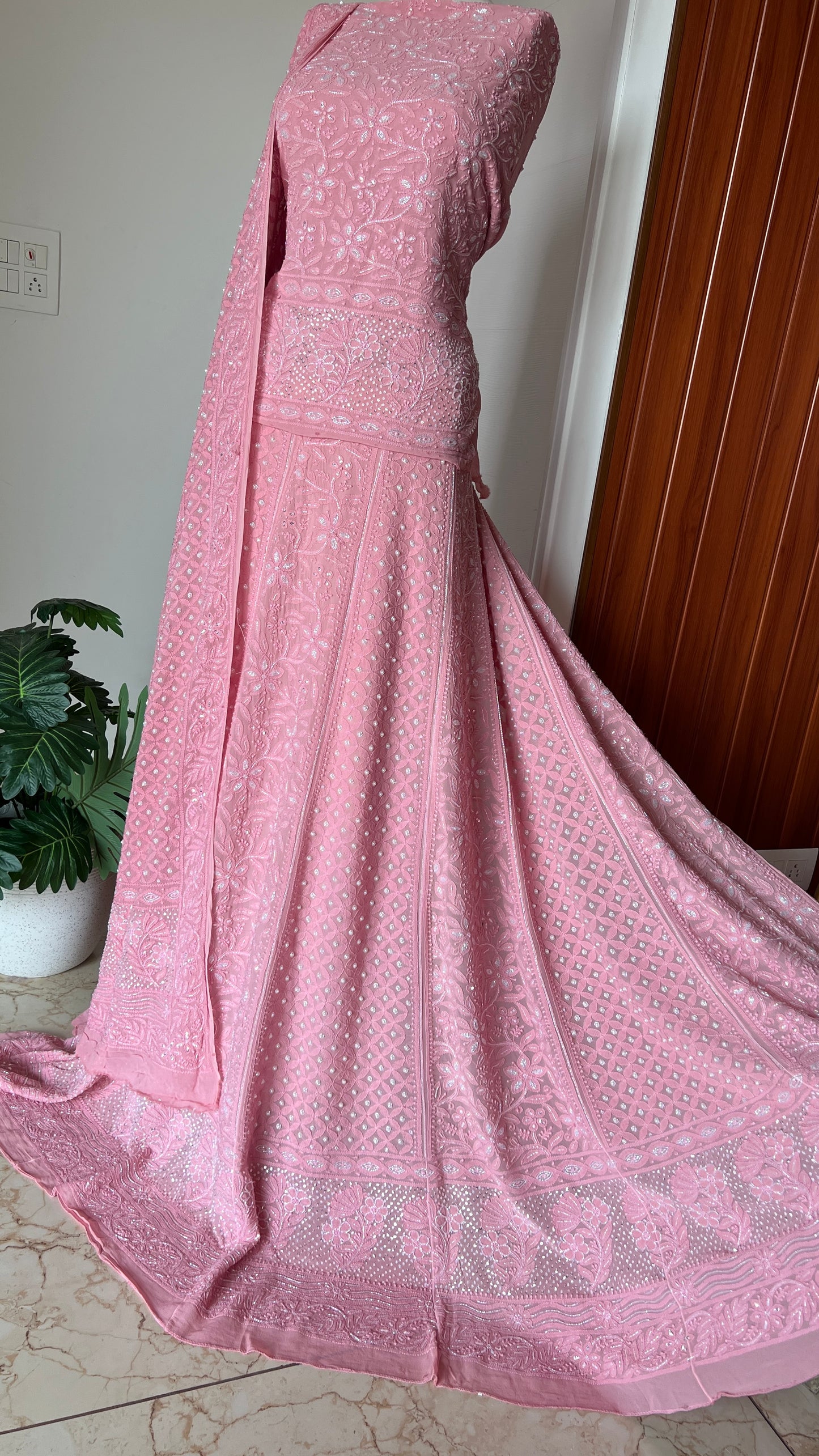 Onion pink Chikankari Cut Dana Pearl Sequins Lehenga