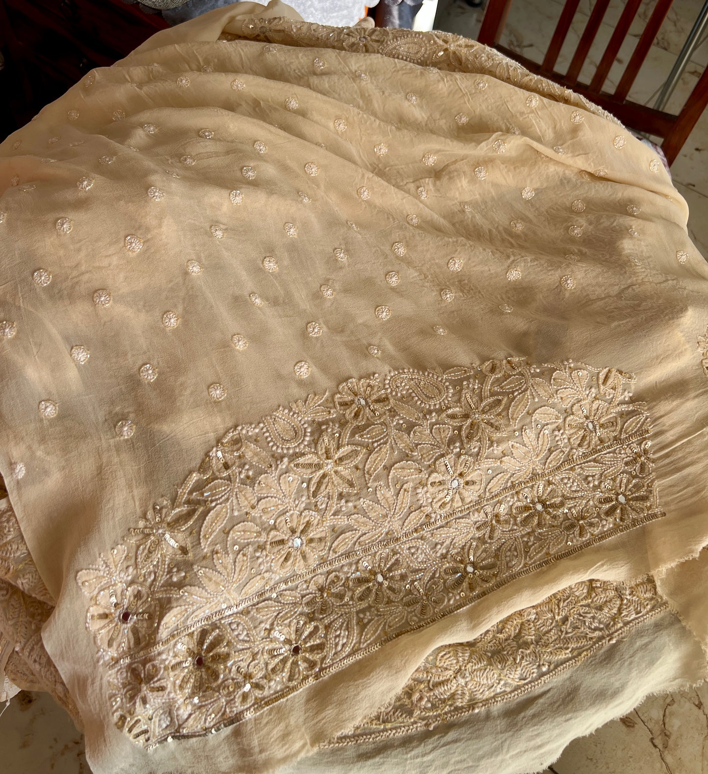 Ruhani Golden Beige Chikankari Sequins Cut Dana Embroidered Masterpiece Saree