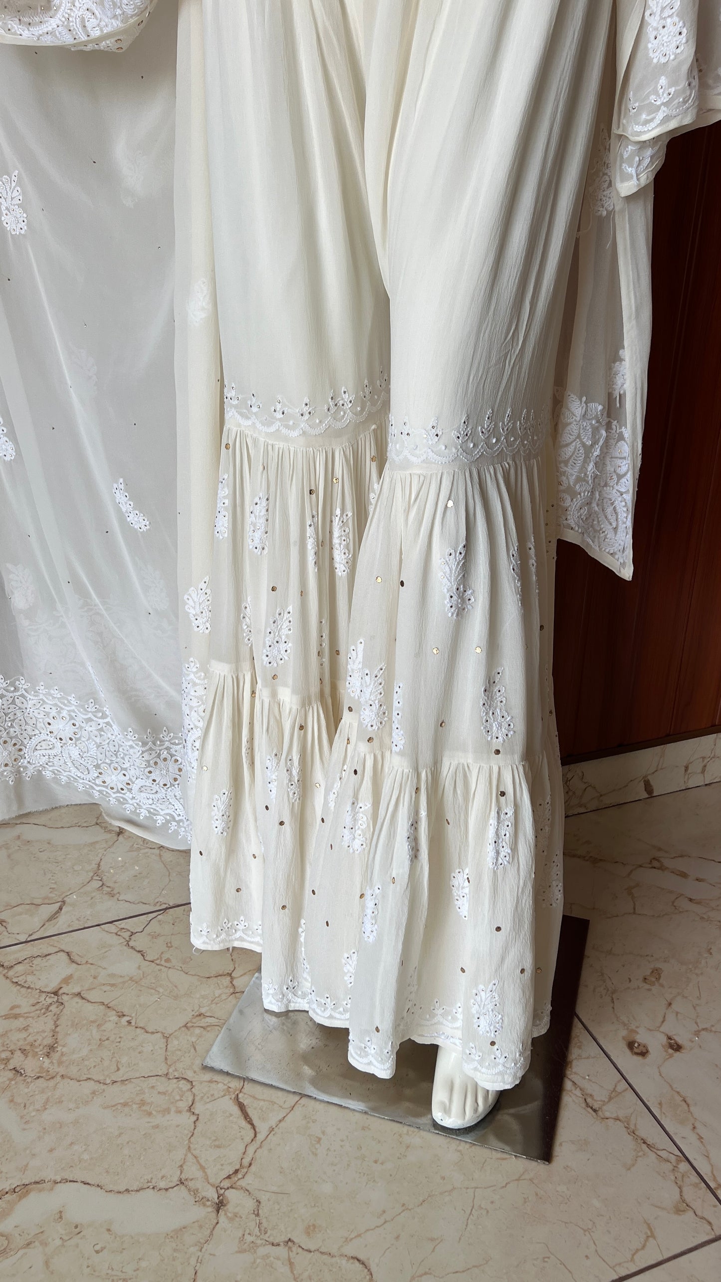 Ivory pure georgette Chikankari and Mukaish sharara set