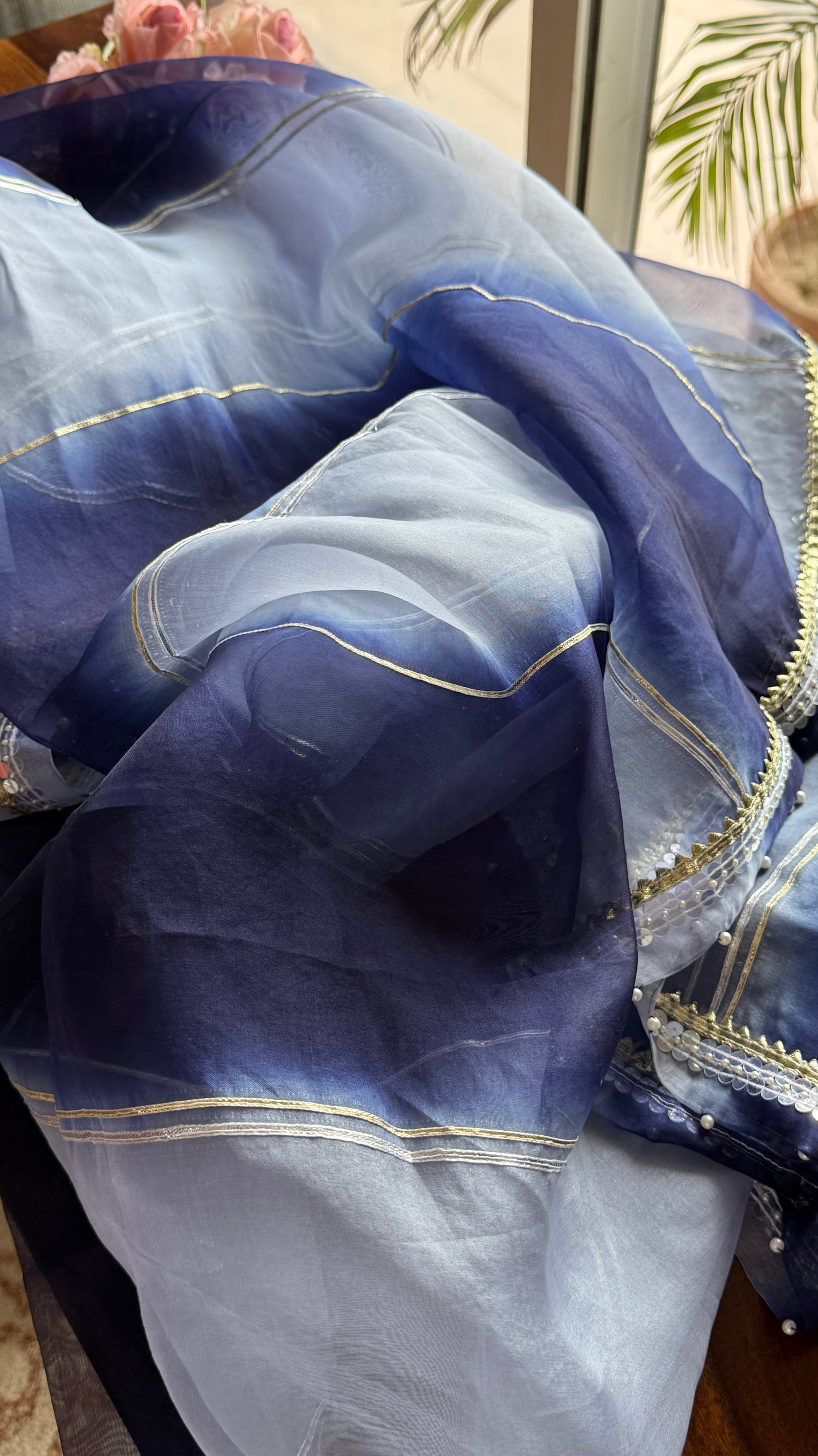Ruhani Navy Blue fine Chikankari pure Organza kurta with dupatta