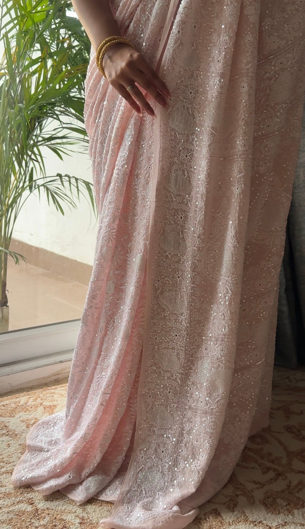 Suhaan Blush Pink Chikankari Do Taar Saree