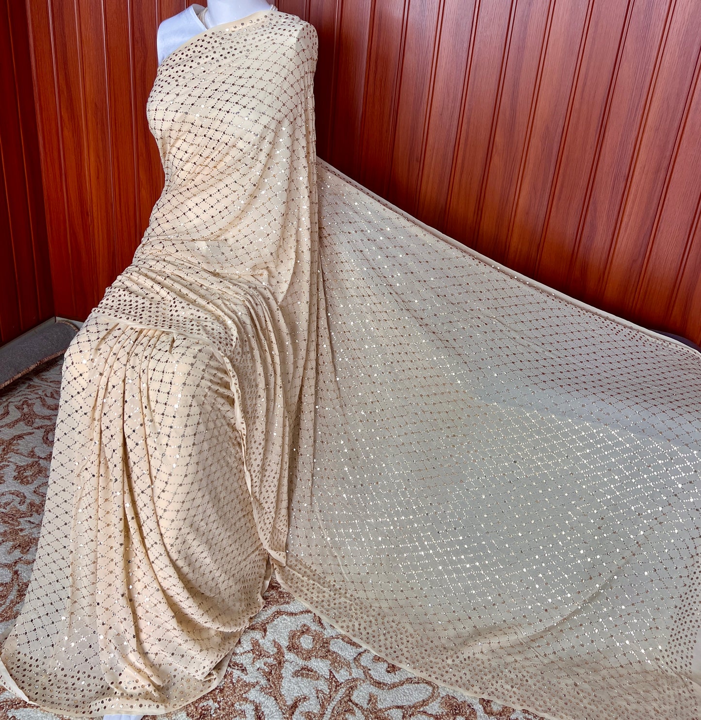 Ruhani Champagne designer mukaish work saree
