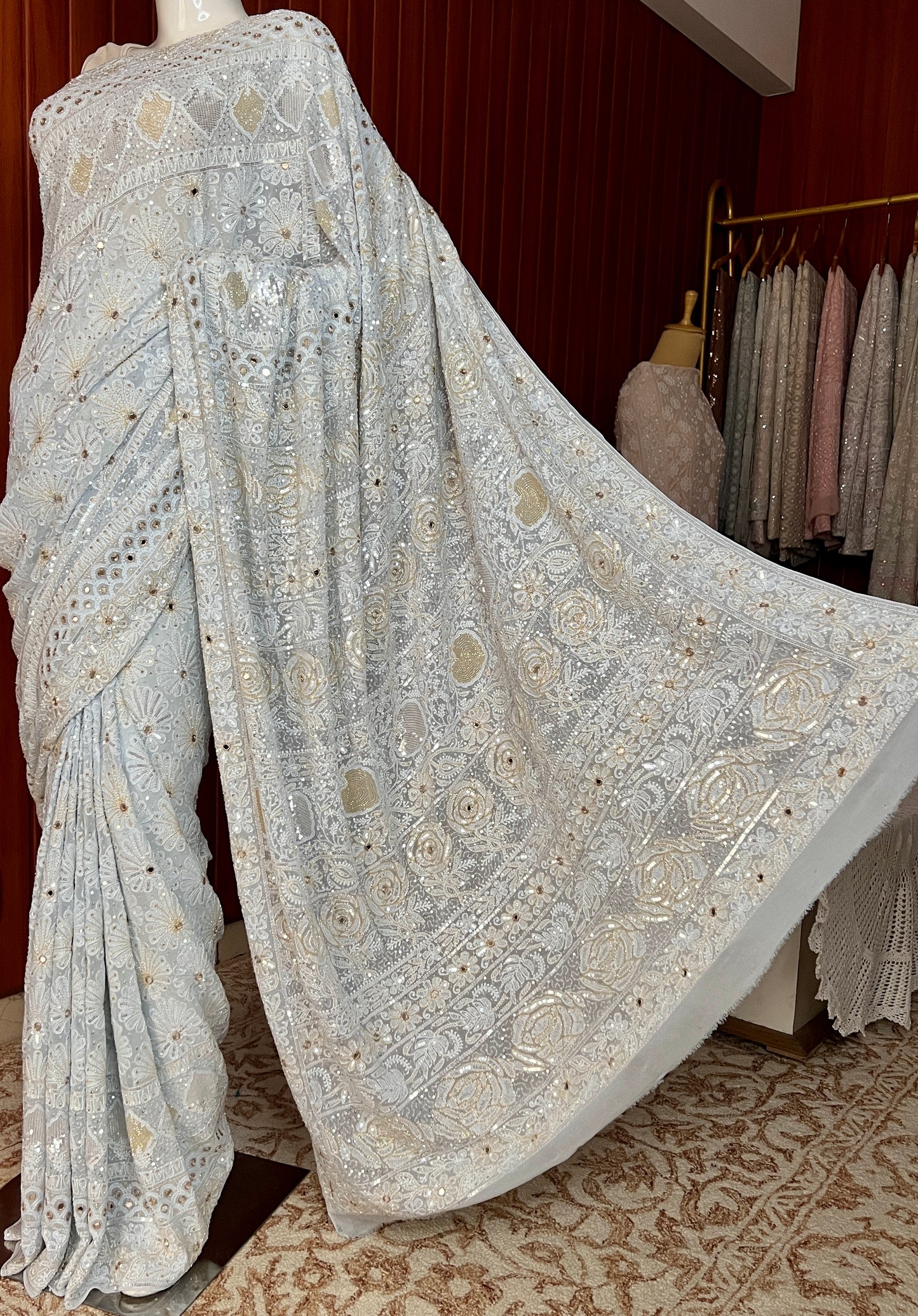 Ruhani Powder Blue Chikankari Sequins Cut Dana Embroidered Masterpiece Saree