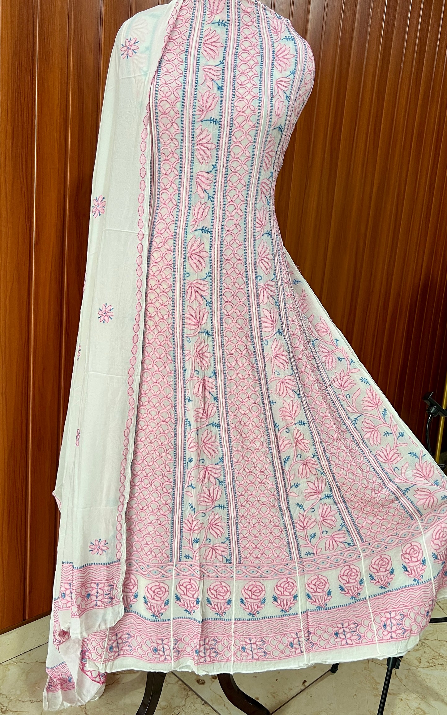 White and pink Resham Chikankari Embroidered Anarkali with Dupatta
