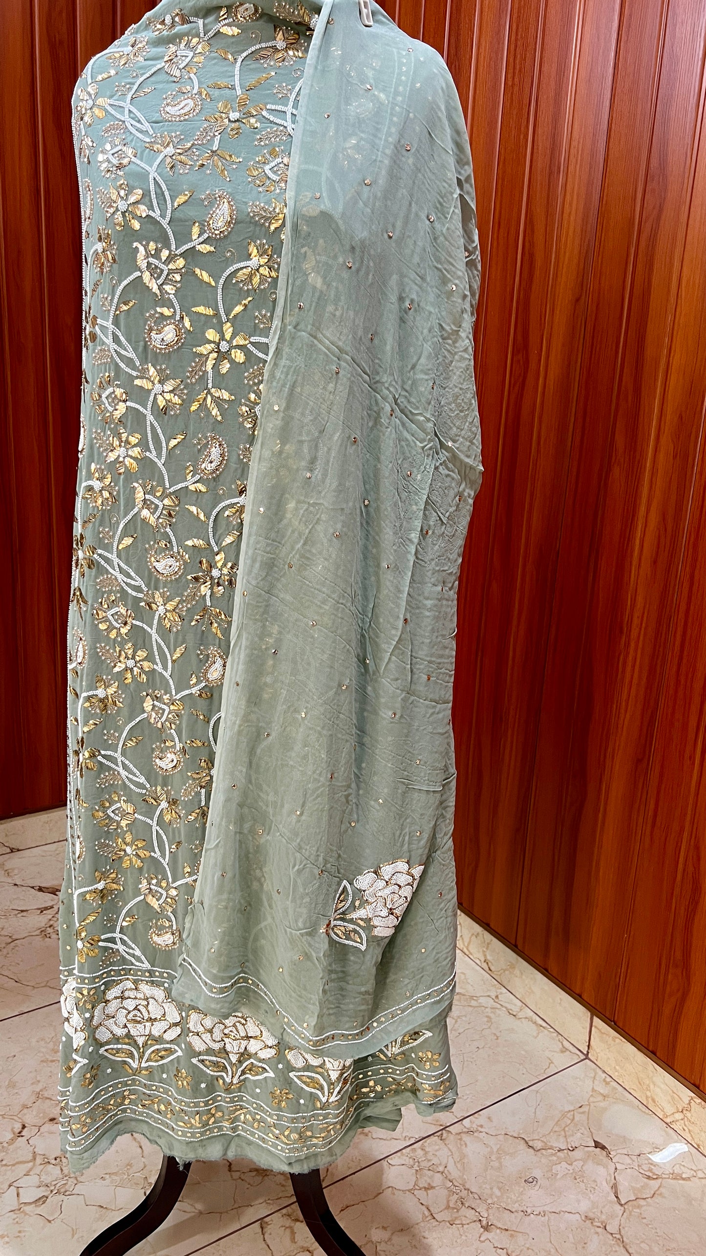 Ruhani Olive Green Badla and Pearl Embroidered Kurta & Dupatta Set