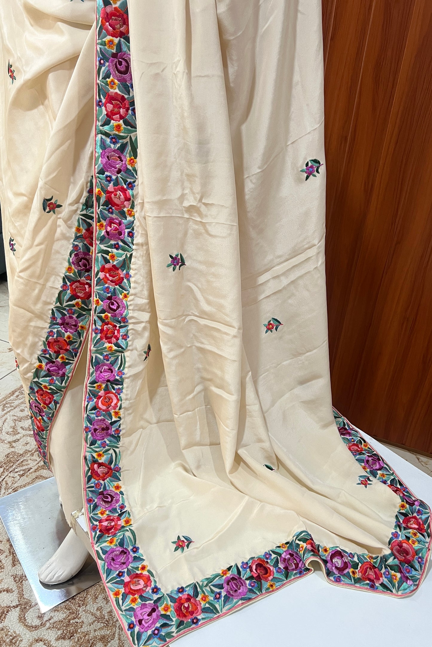 Cream Pure Crepe Dupatta With multicolored Parsi Gara Hand Embroidery