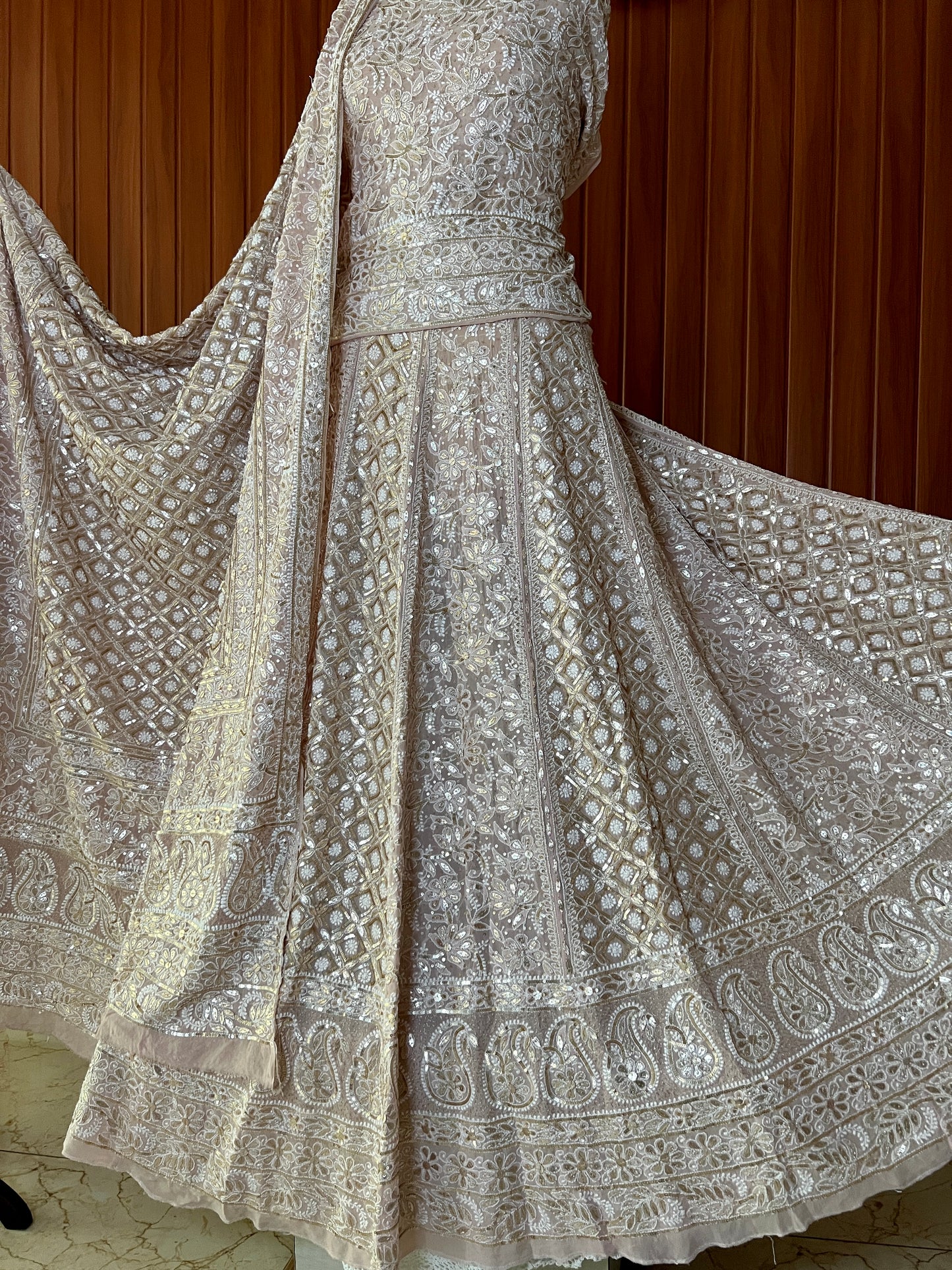 Ruhani Powder Brown Chikankari Gota Sequins Pure Georgette Lehenga Set