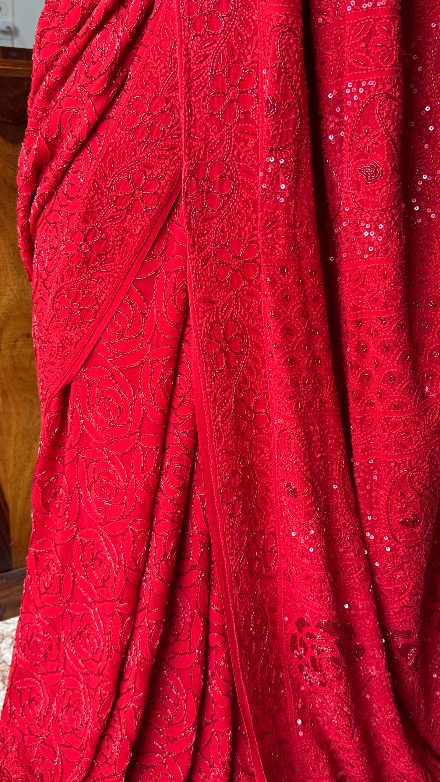 Surkh Laal Masterpiece Chikankari Cut Dana Sequins Saree