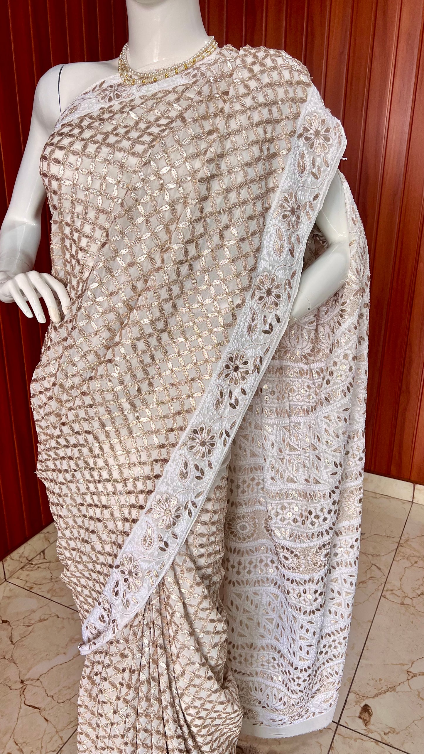 Ruhani Ivory Chikankari and Gota Patti Saree