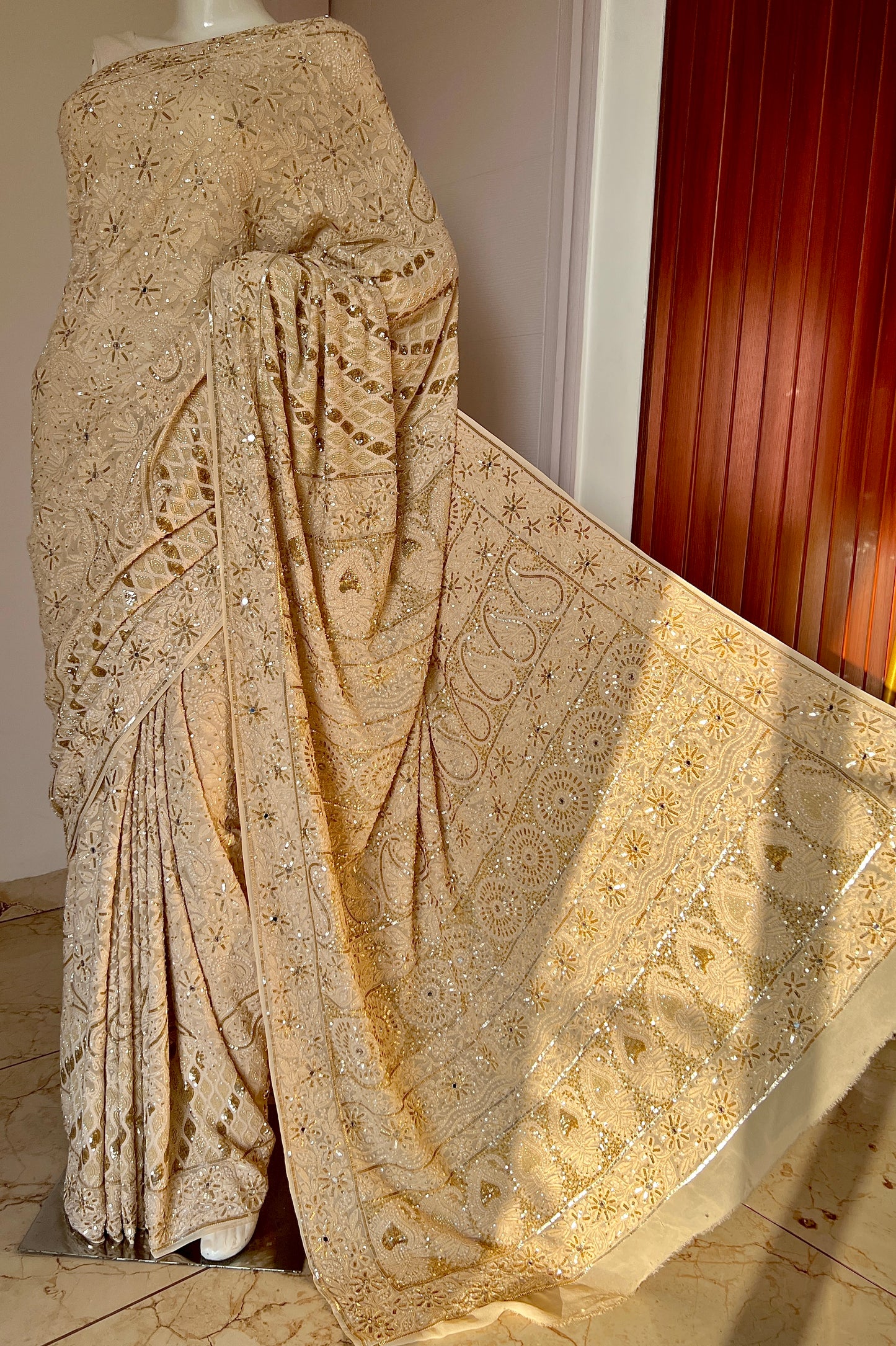 Ruhani Golden Beige Chikankari Sequins Cut Dana Embroidered Masterpiece Saree