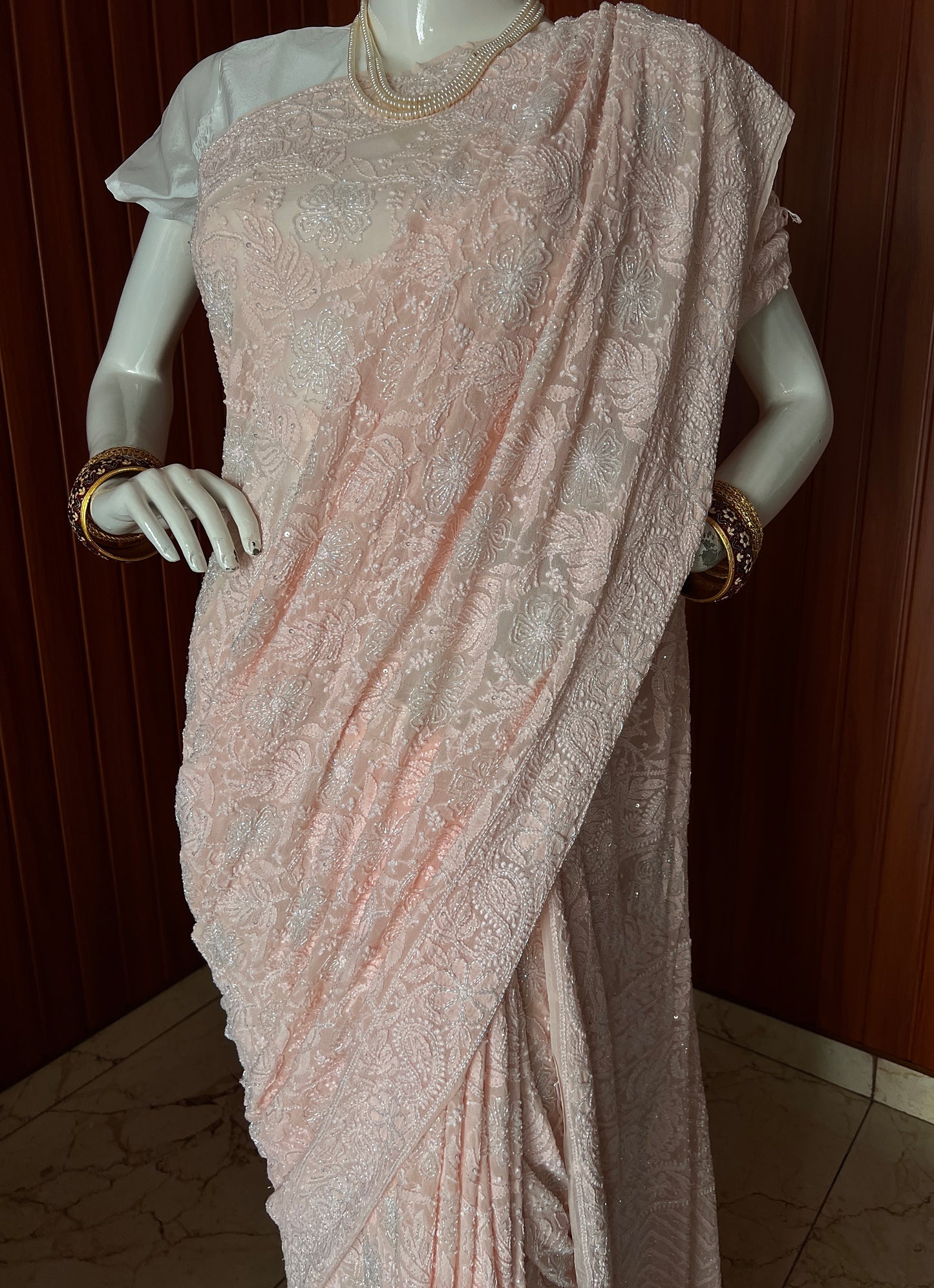 Ruhani Light Peach Chikankari and Cut Dana Saree