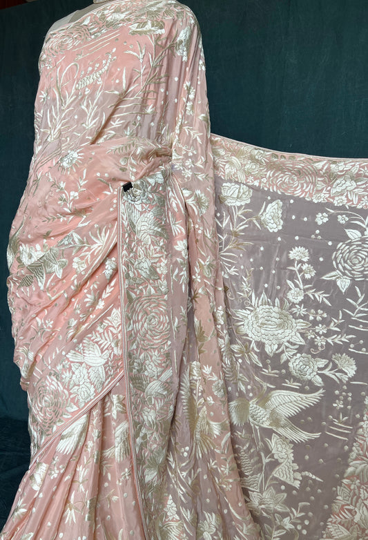 Peach Masterpiece Parsi Gara Hand Embroidered Pure Crepe Saree