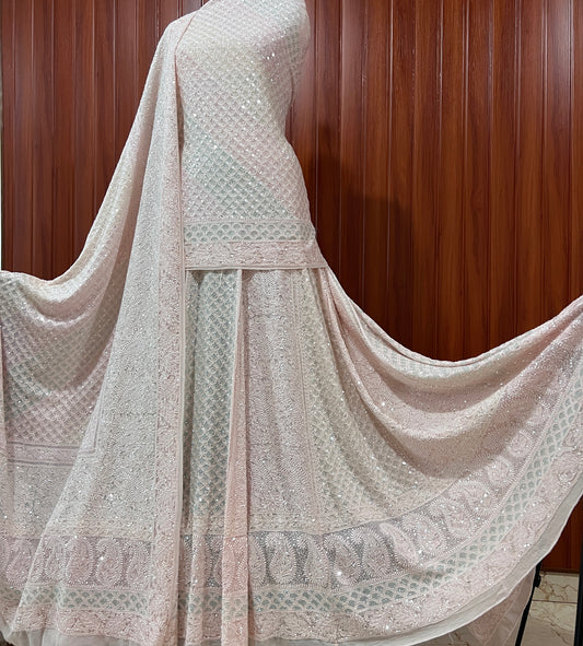 Ruhani Nude Pink Chikankari Lehenga with Multicolored Cut Dana and sequins Work