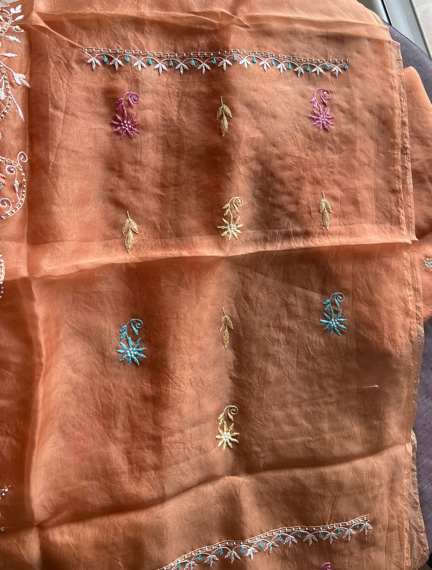 Ruhani Orange fine Chikankari pure Organza kurta with dupatta