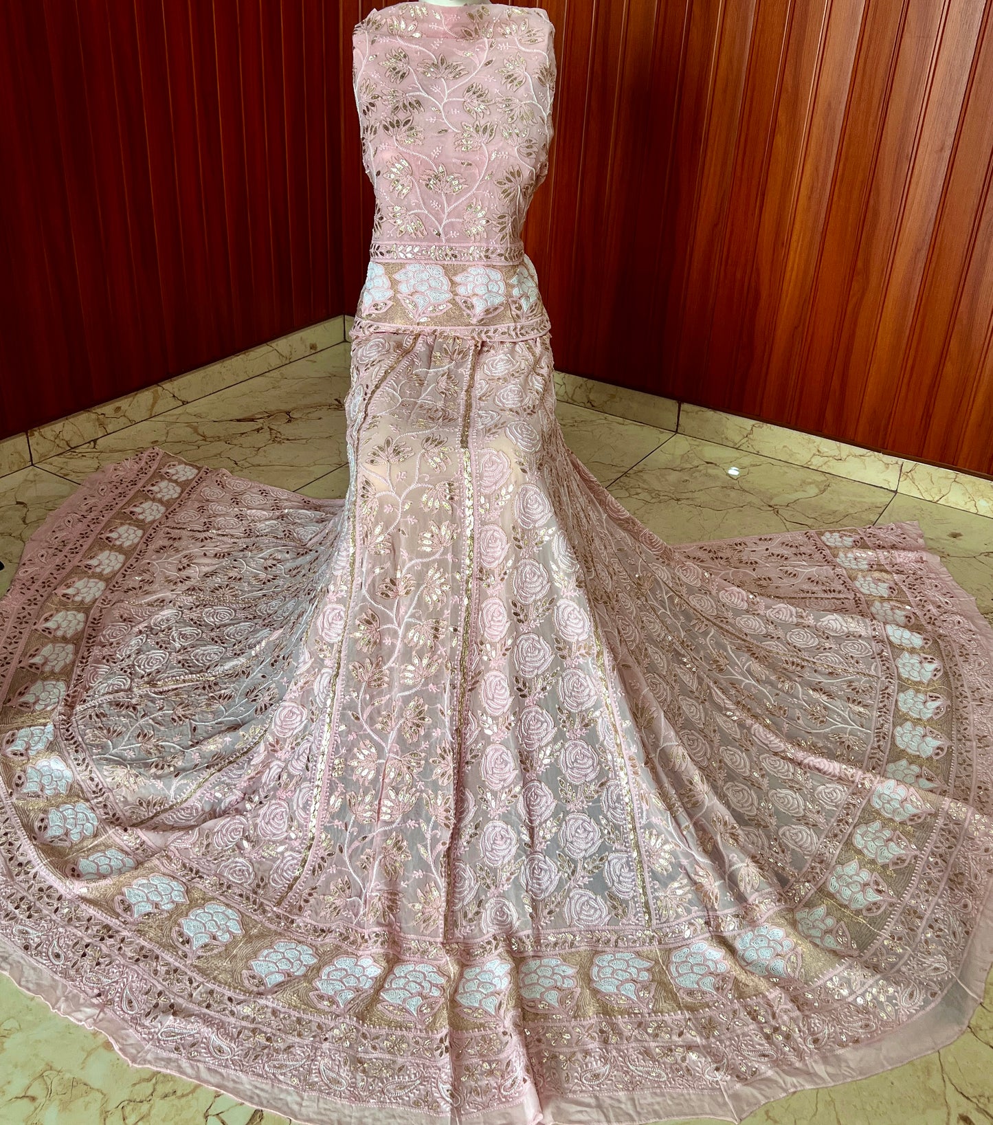Ruhani Pink Chikankari Gota Patti and Pearl Wedding Lehenga