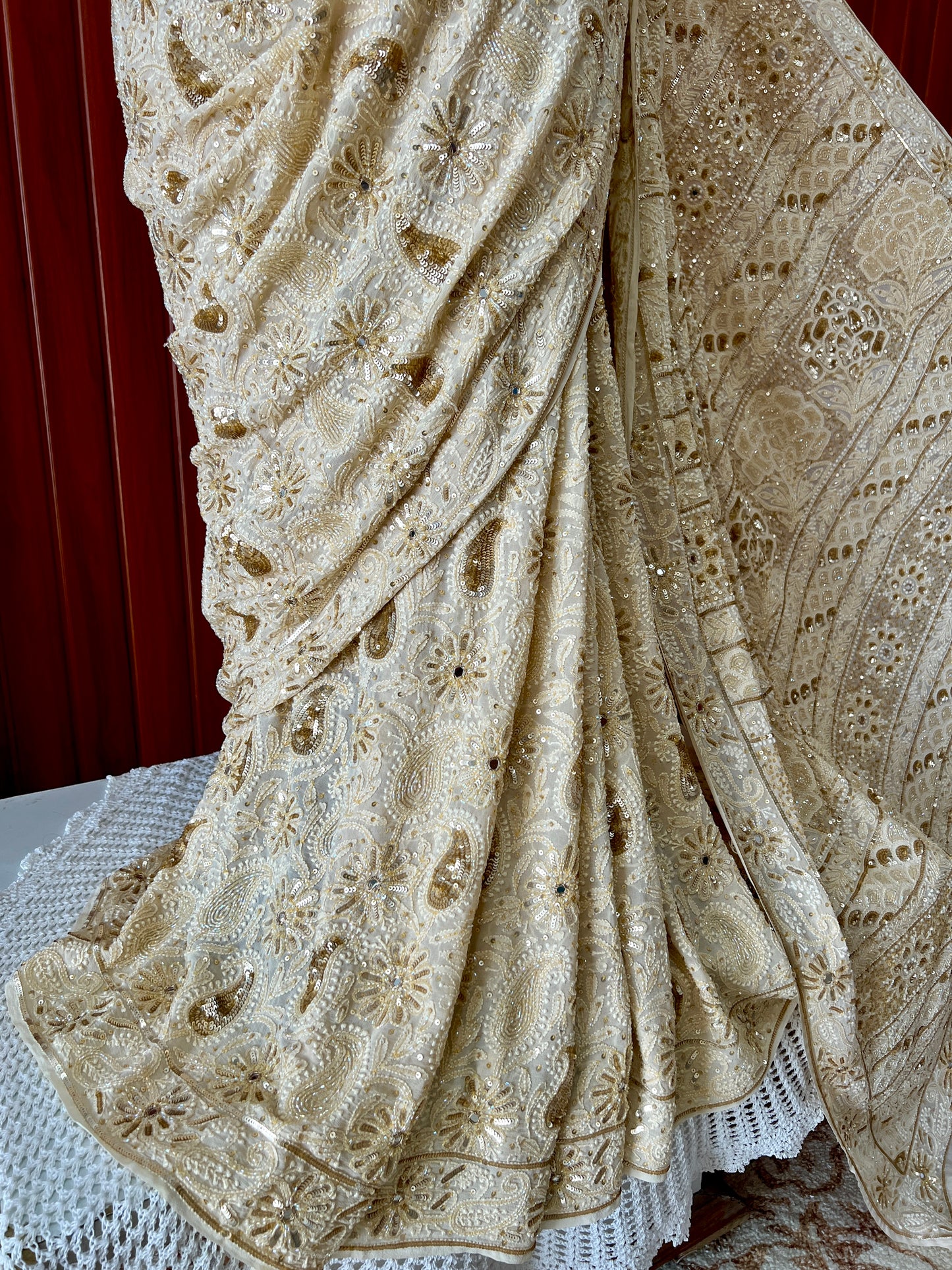 Ruhani Golden Beige Chikankari Sequins Cut Dana Embroidered Masterpiece Saree