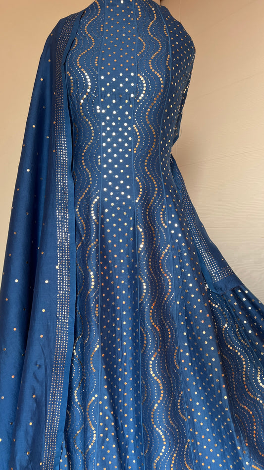 Azure Blue Allover Heavy Mukaish Chanderi Silk Anarkali with Dupatta