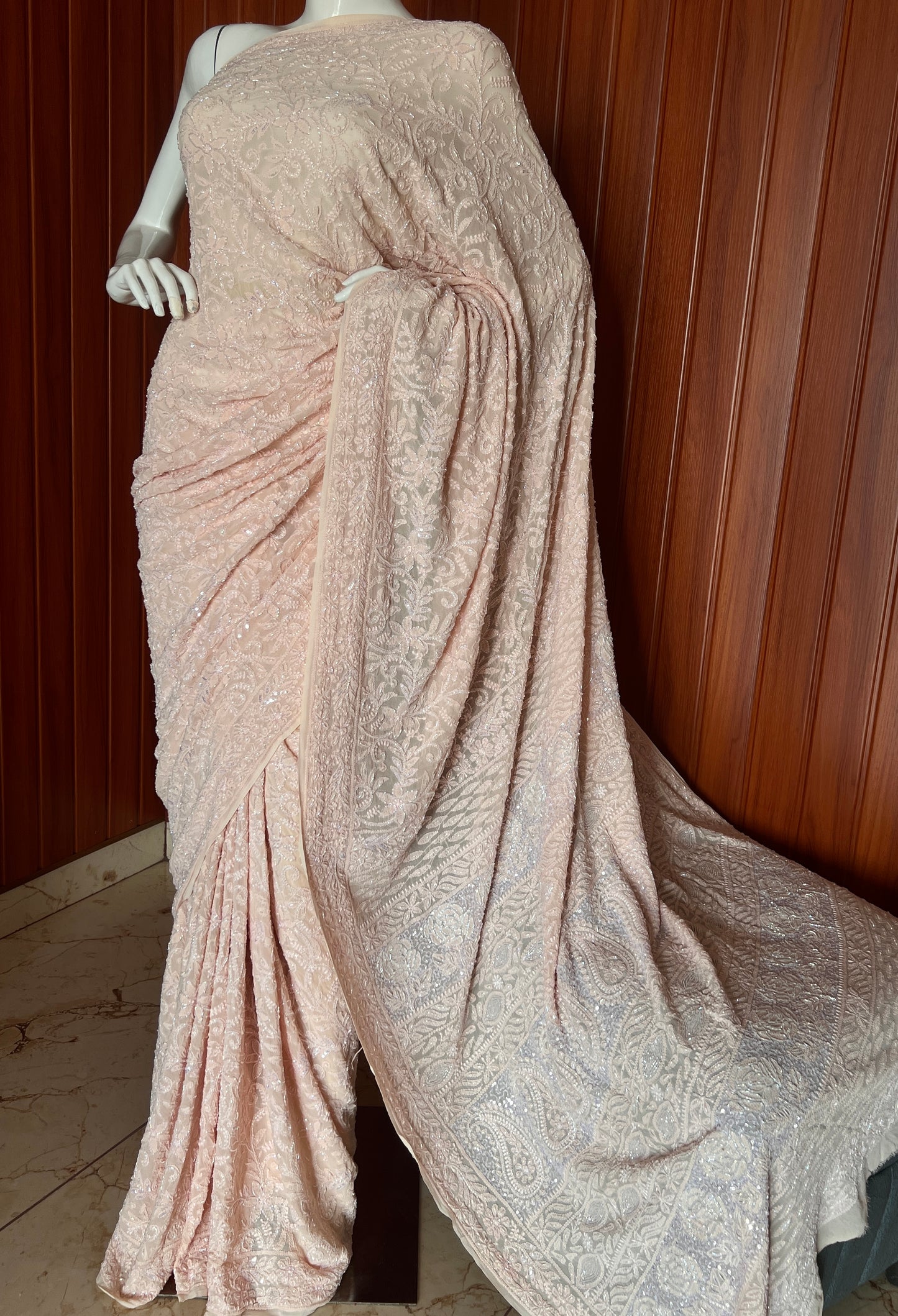 Ruhani Light Peach Chikankari Cut Dana and Sequins Saree