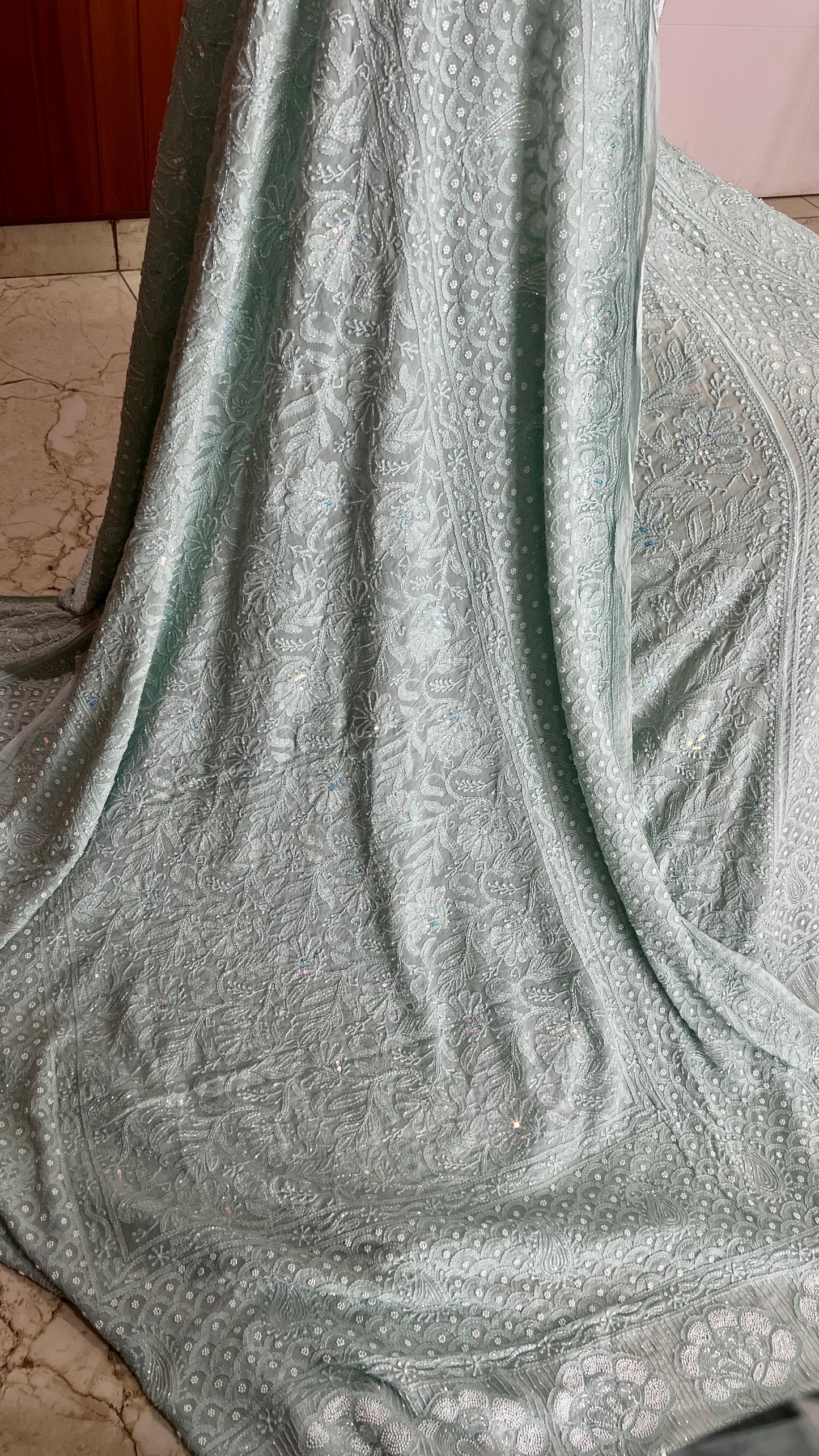 Ruhani Ice Mint Chikankari Cut Dana Pearl Sequins Wedding Lehenga