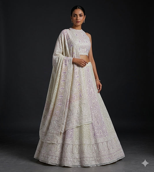 Ruhani Ivory Chikankari Lehenga with Multi Cut Dana and sequins Work