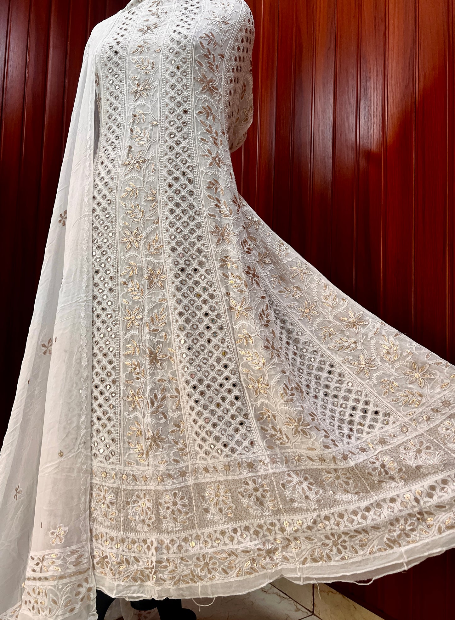 White Chikankari Mirror Gota Patti Anarkali with Dupatta