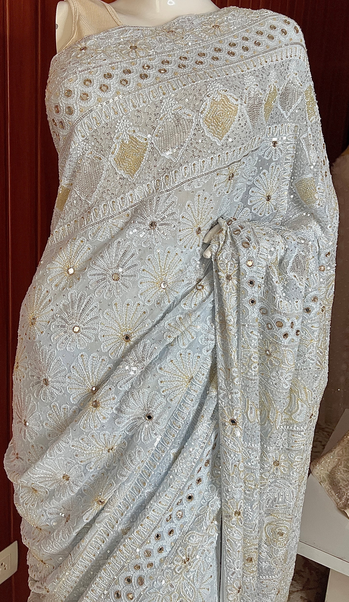 Ruhani Powder Blue Chikankari Sequins Cut Dana Embroidered Masterpiece Saree