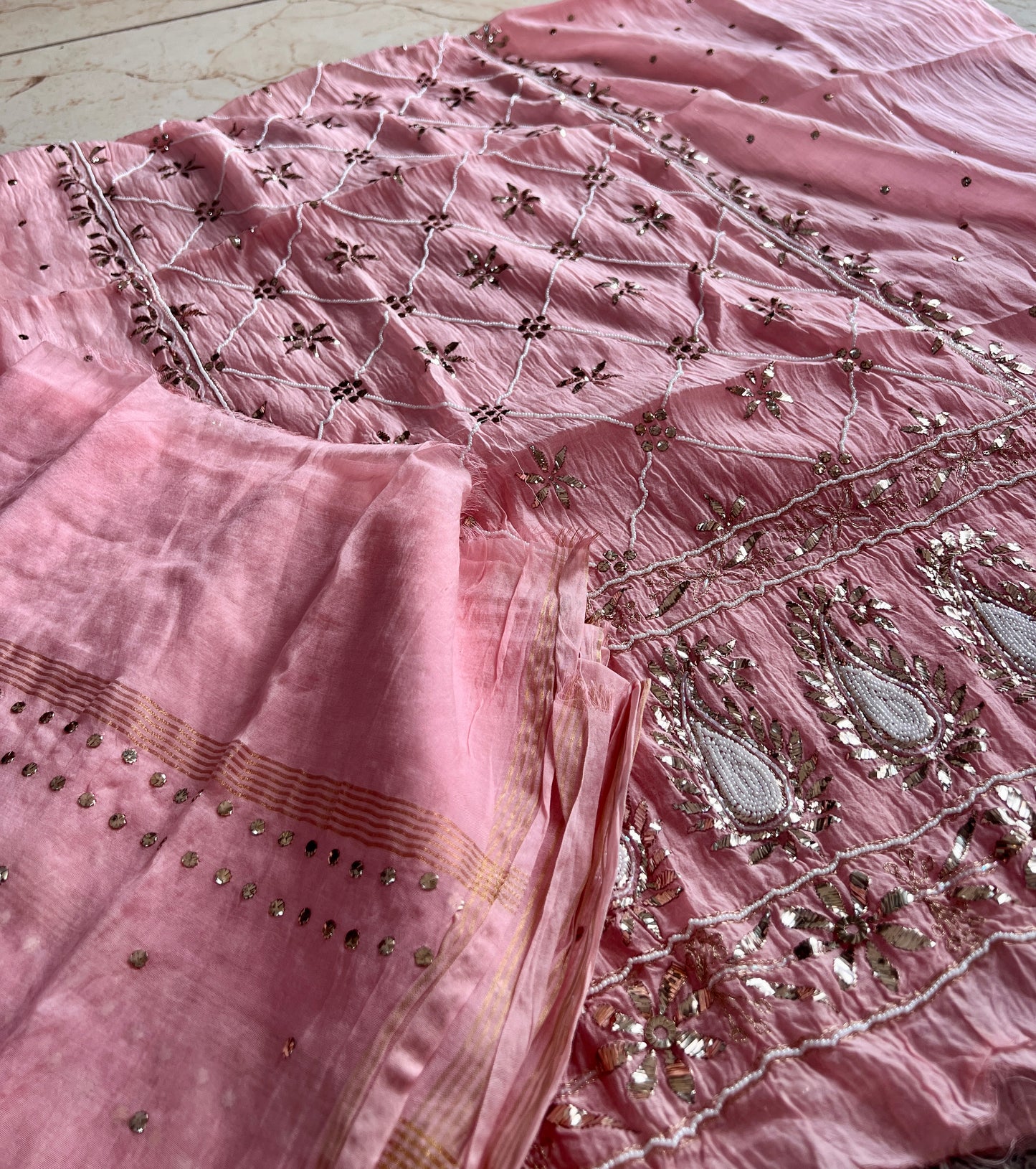 Rose Pink Badla Mukaish and pearl work mulmul kurta with dupatta
