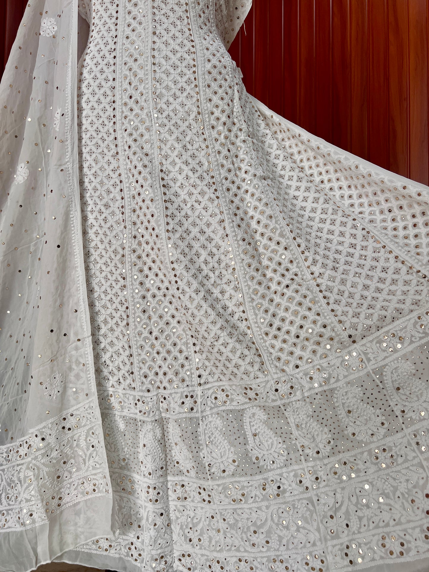 White allover Chikankari and mukaish anarkali with dupatta