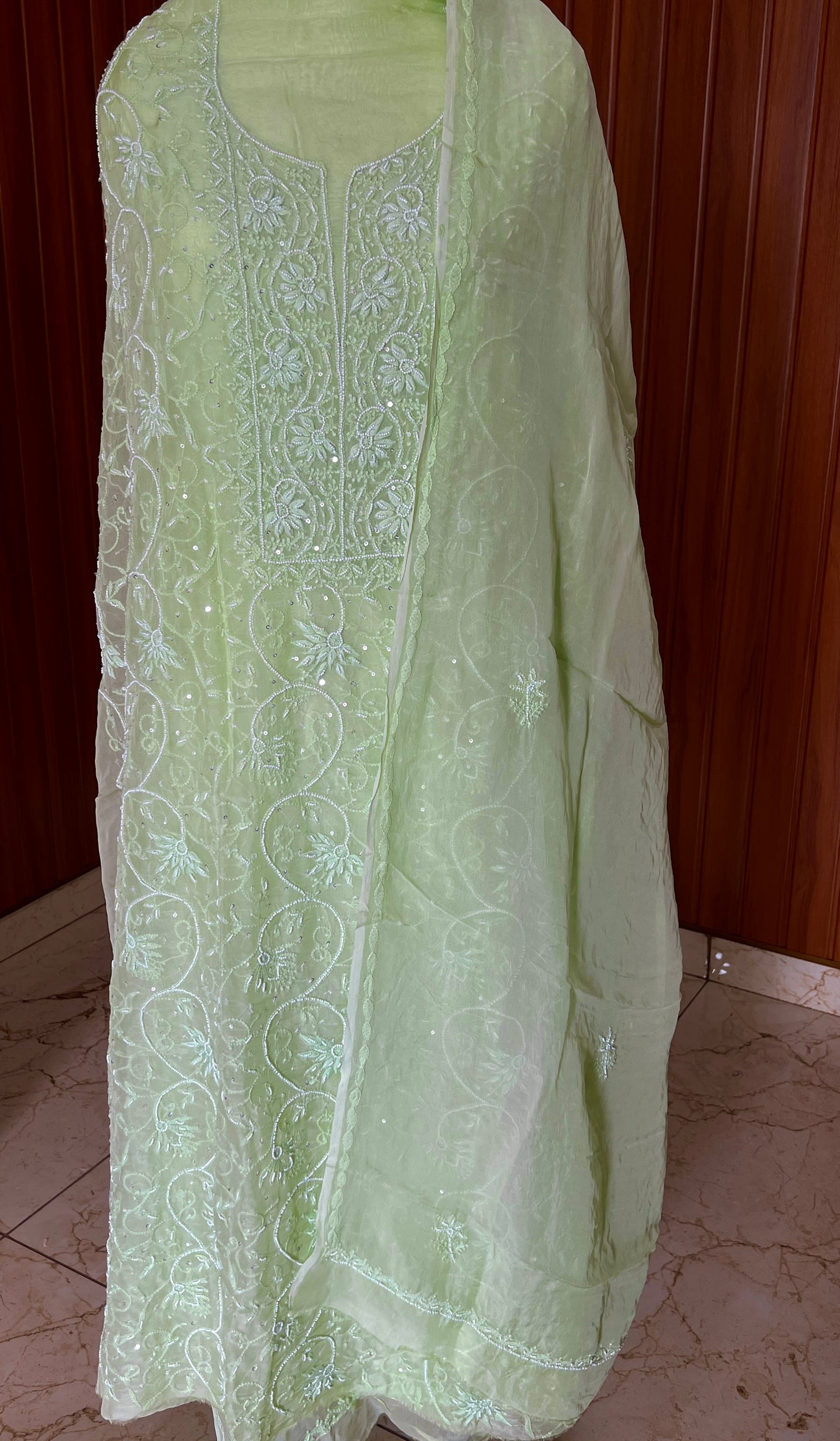 Lime green Chikankari and pearl work Organza kurta with dupatta