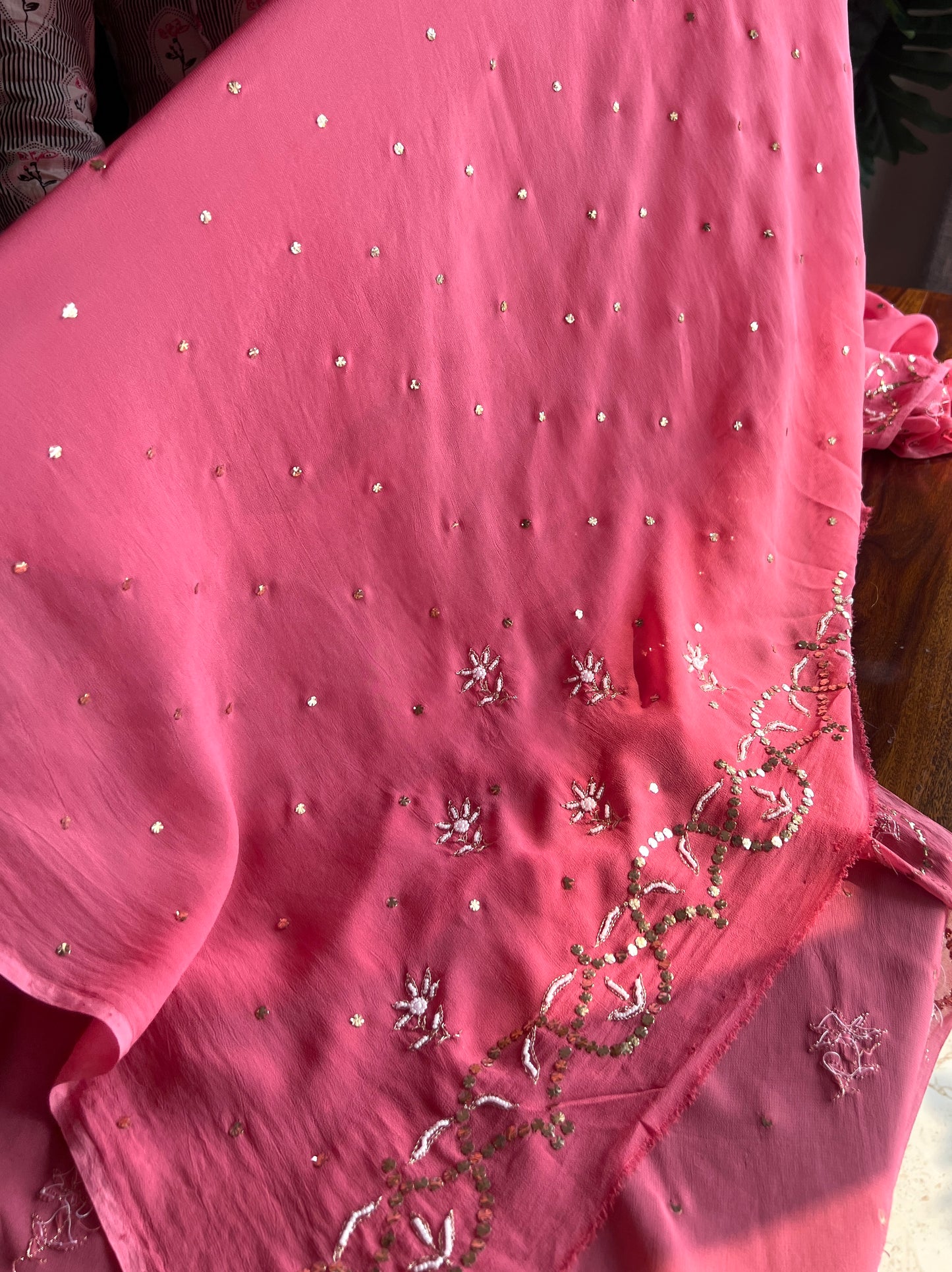 Rouge Pink georgette Saree with Mukaish and pearl work