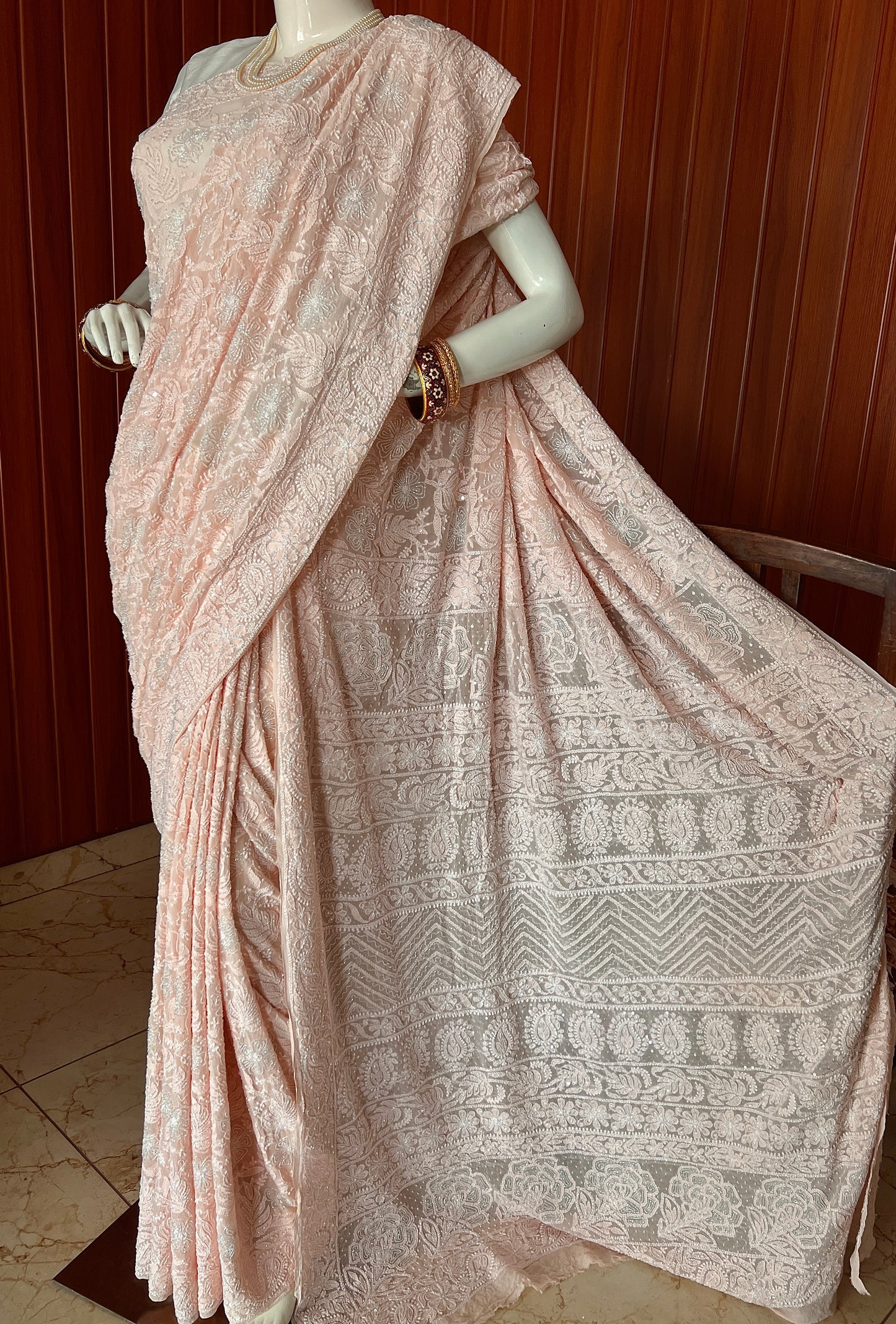 Ruhani Light Peach Chikankari and Cut Dana Saree