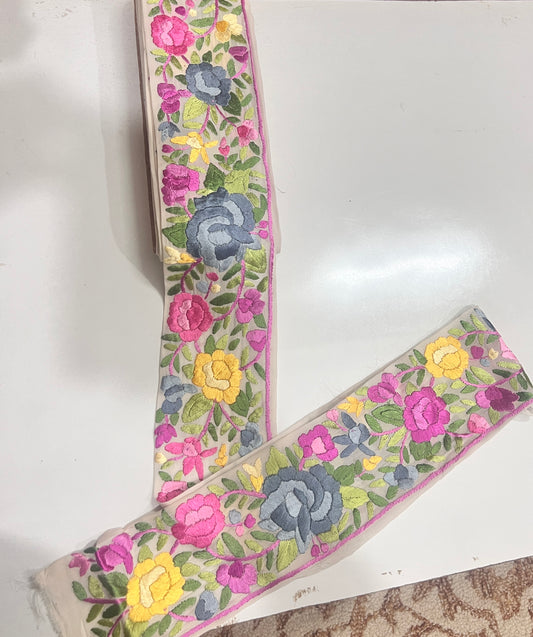 Off white White multicolored hand embroidered parsi gara border