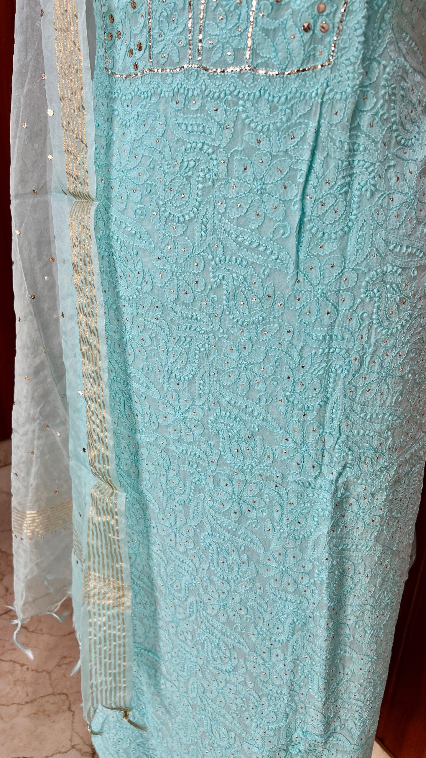 Firozi Chikankari and mukaish kurta with organza dupatta