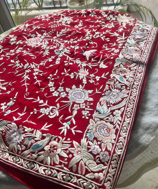 Red Masterpiece Parsi Gara Pure Georgette Saree