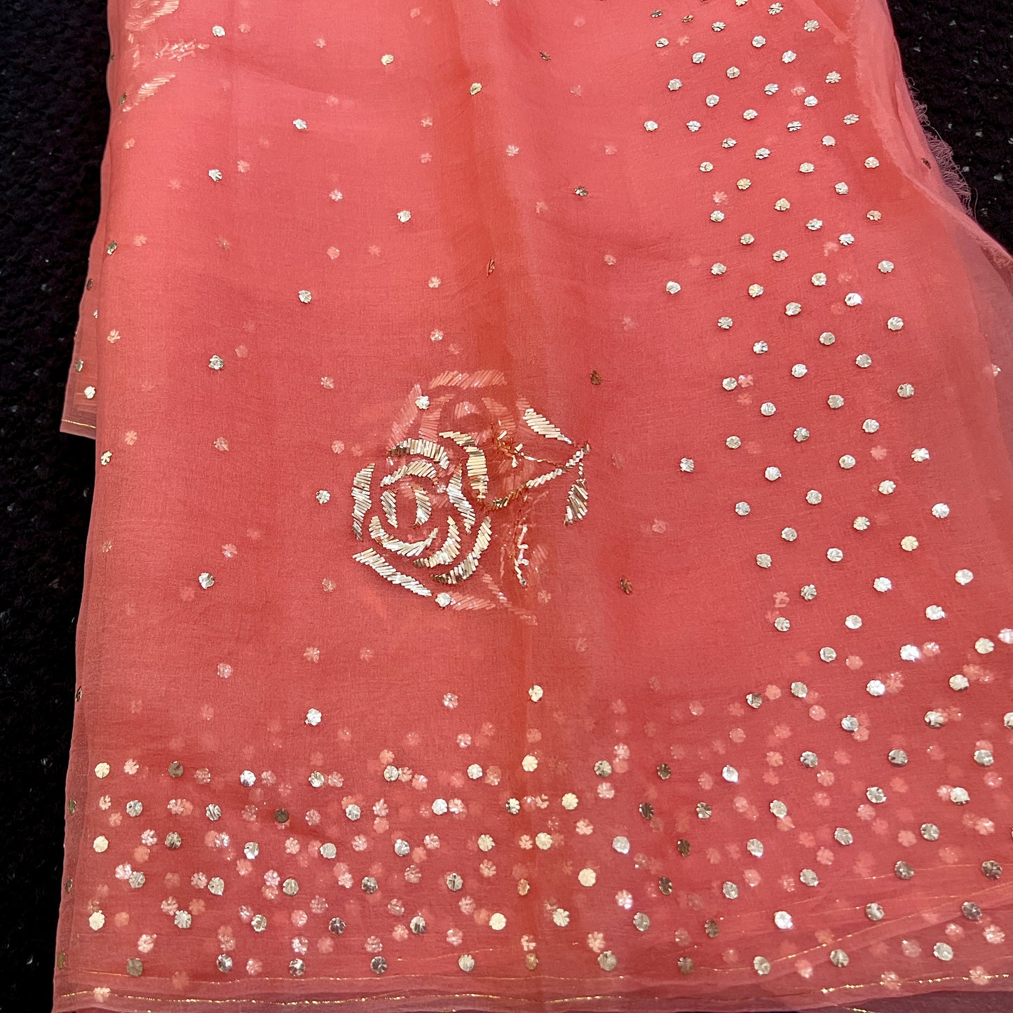 Coral Orange Pure Organza Saree with Badla and Mukaish Work