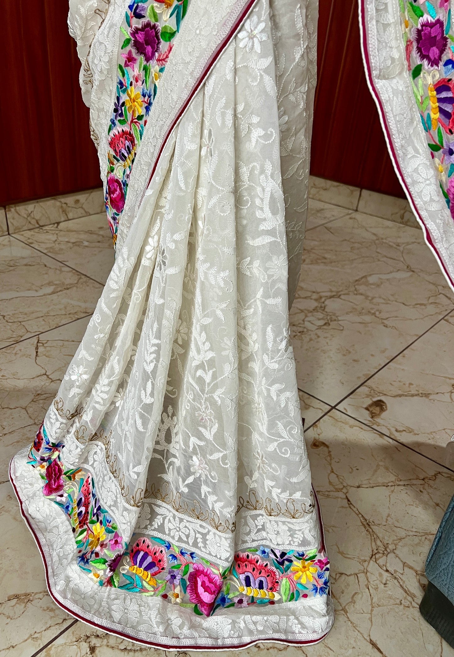 Ivory Pure Georgette saree with allover shadow work and masterpiece parsi gara border