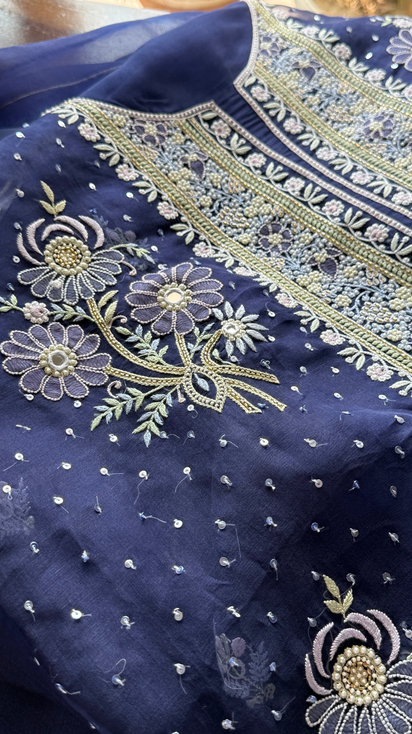 Ruhani Navy Blue fine Chikankari pure Organza kurta with dupatta